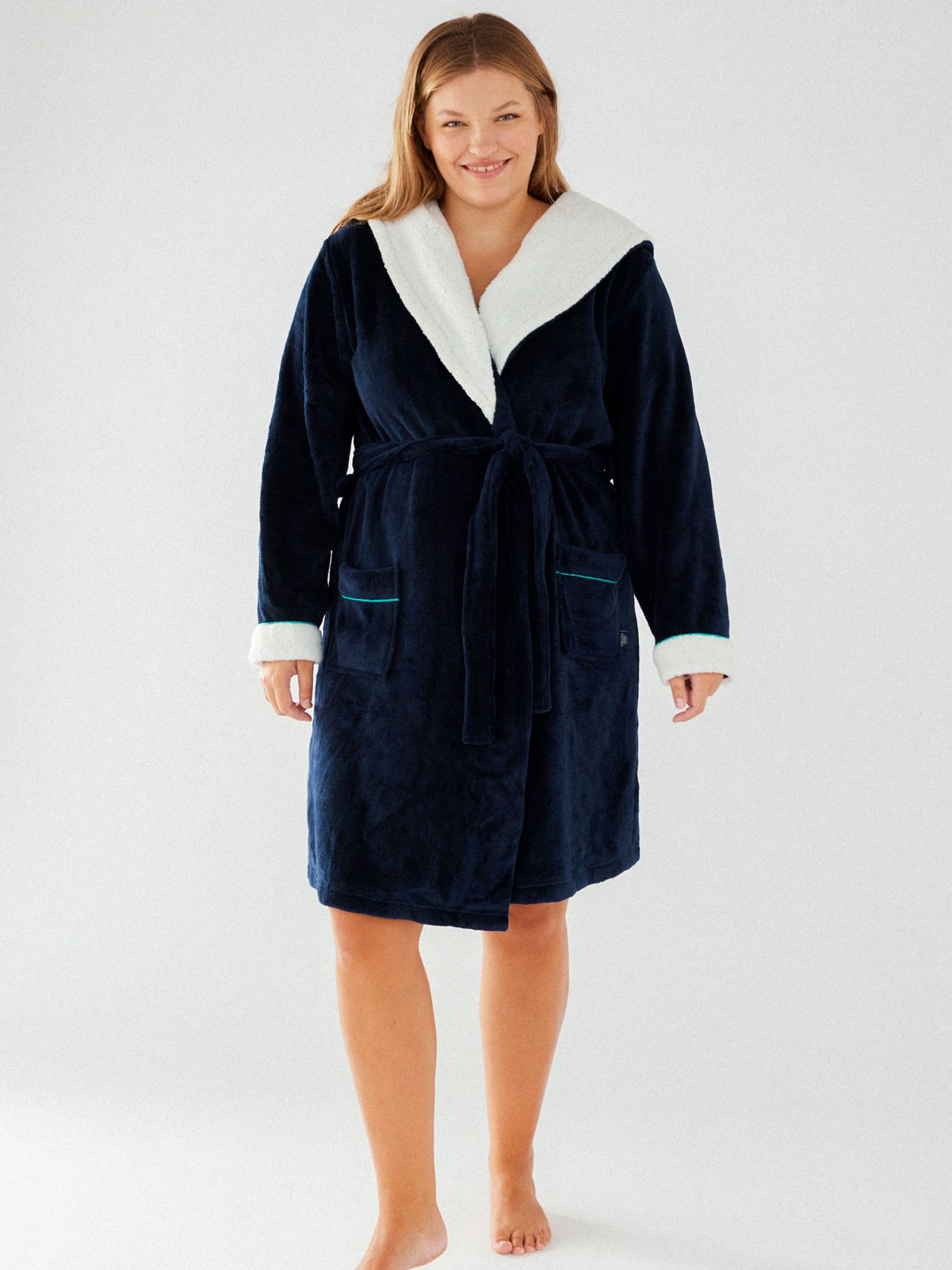 Chelsea Peers Curve Fluffy Hooded Dressing Gown, Navy, 18