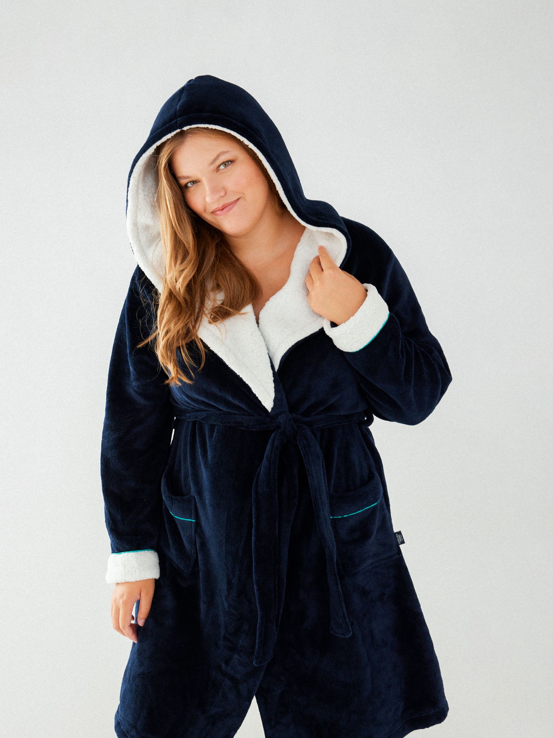 Chelsea Peers Curve Fluffy Hooded Dressing Gown, Navy, 18