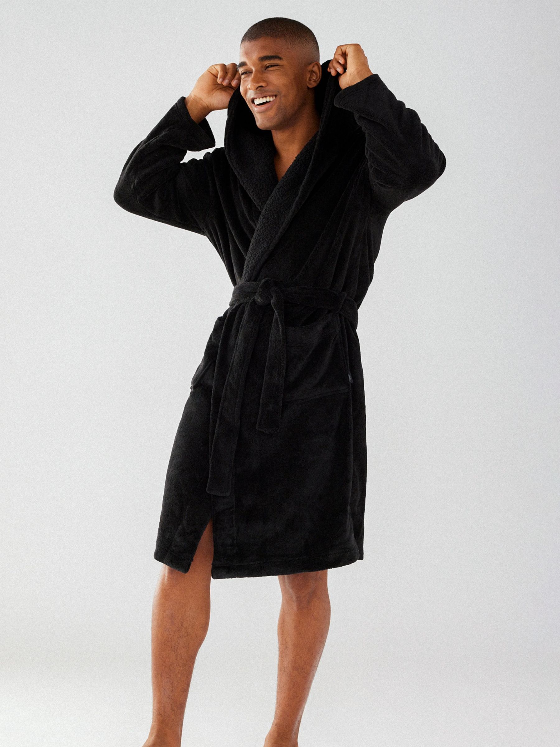 Chelsea Peers Fluffy Hooded Dressing Gown, Black at John Lewis & Partners