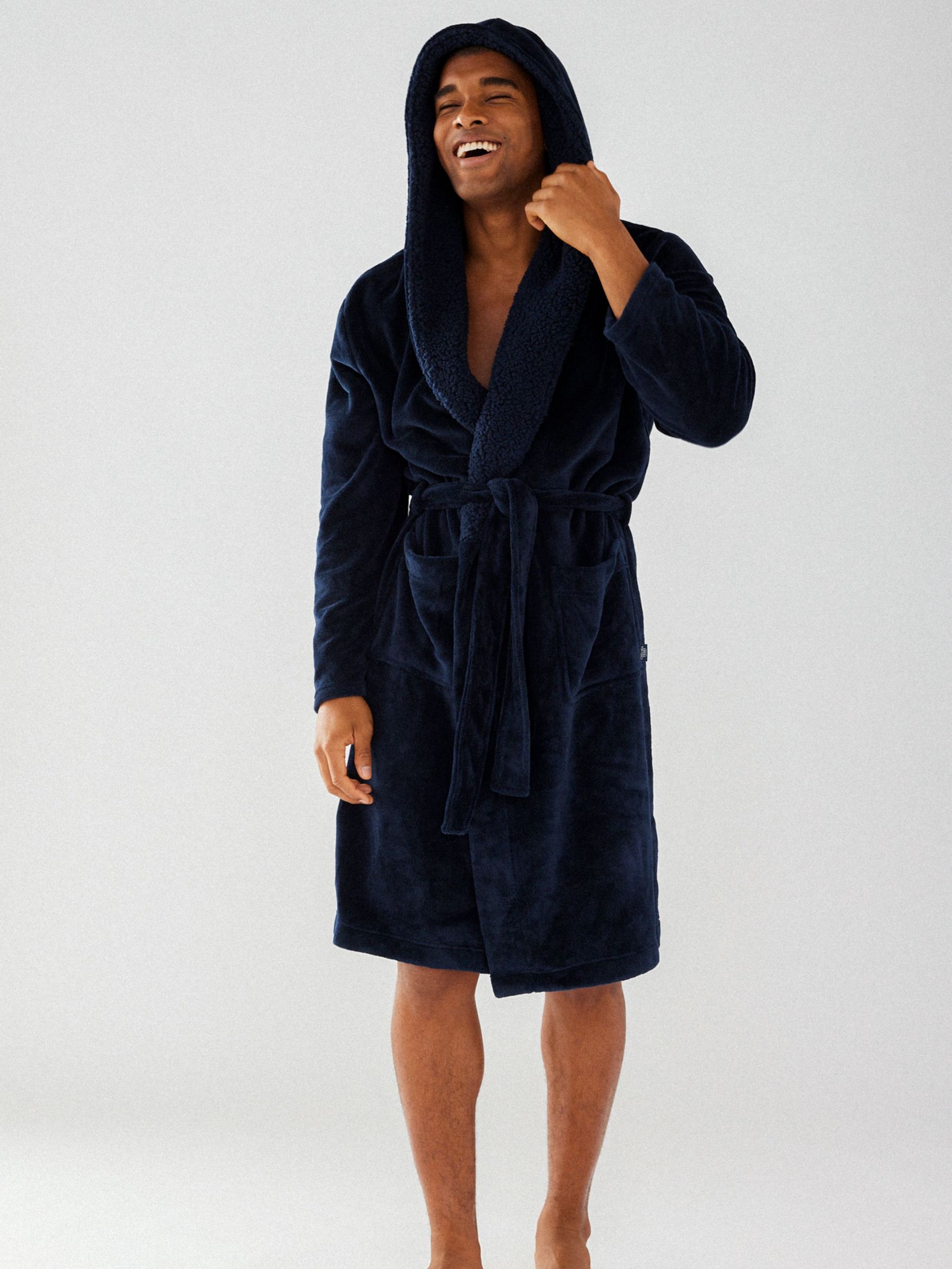 Chelsea Peers Fluffy Hooded Dressing Gown, Navy at John Lewis & Partners