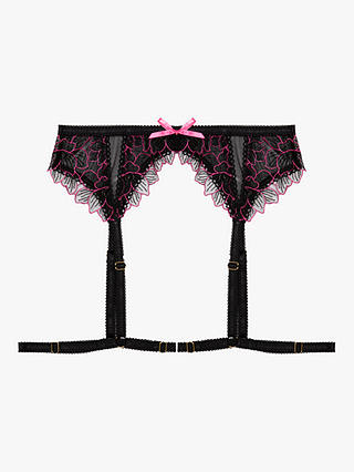 Wolf & Whistle Eliza Floral Embroidered Suspender Belt, Black/Pink