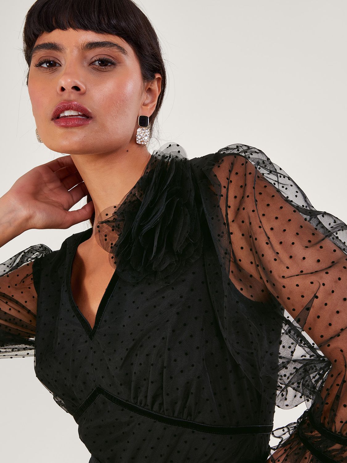 Monsoon Shayla Spot Tiered Dress, Black at John Lewis & Partners