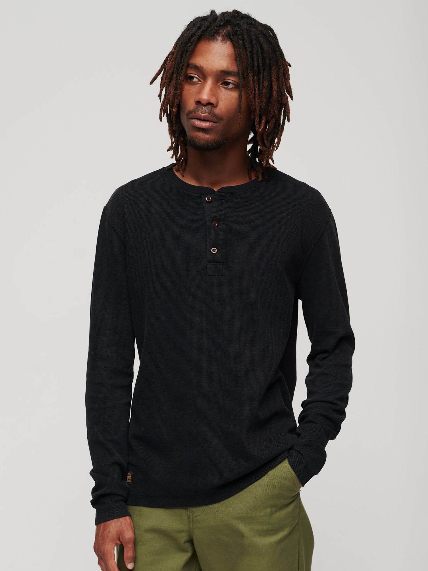 Superdry Organic Cotton Long Sleeve Waffle Henley Top, Black at