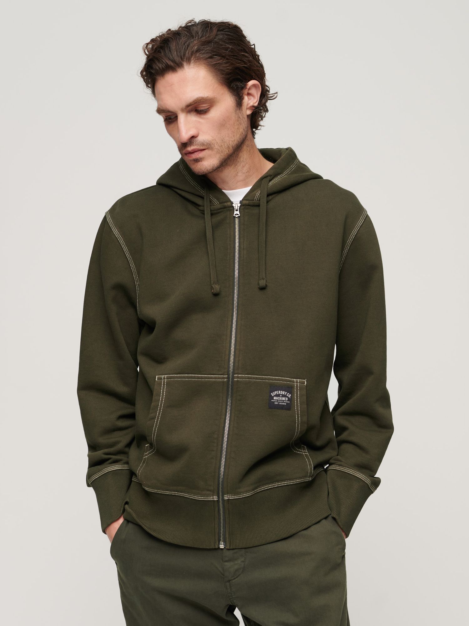 Superdry Contrast Stitch Relaxed Fit Zip Hoodie, Dark Grey Green
