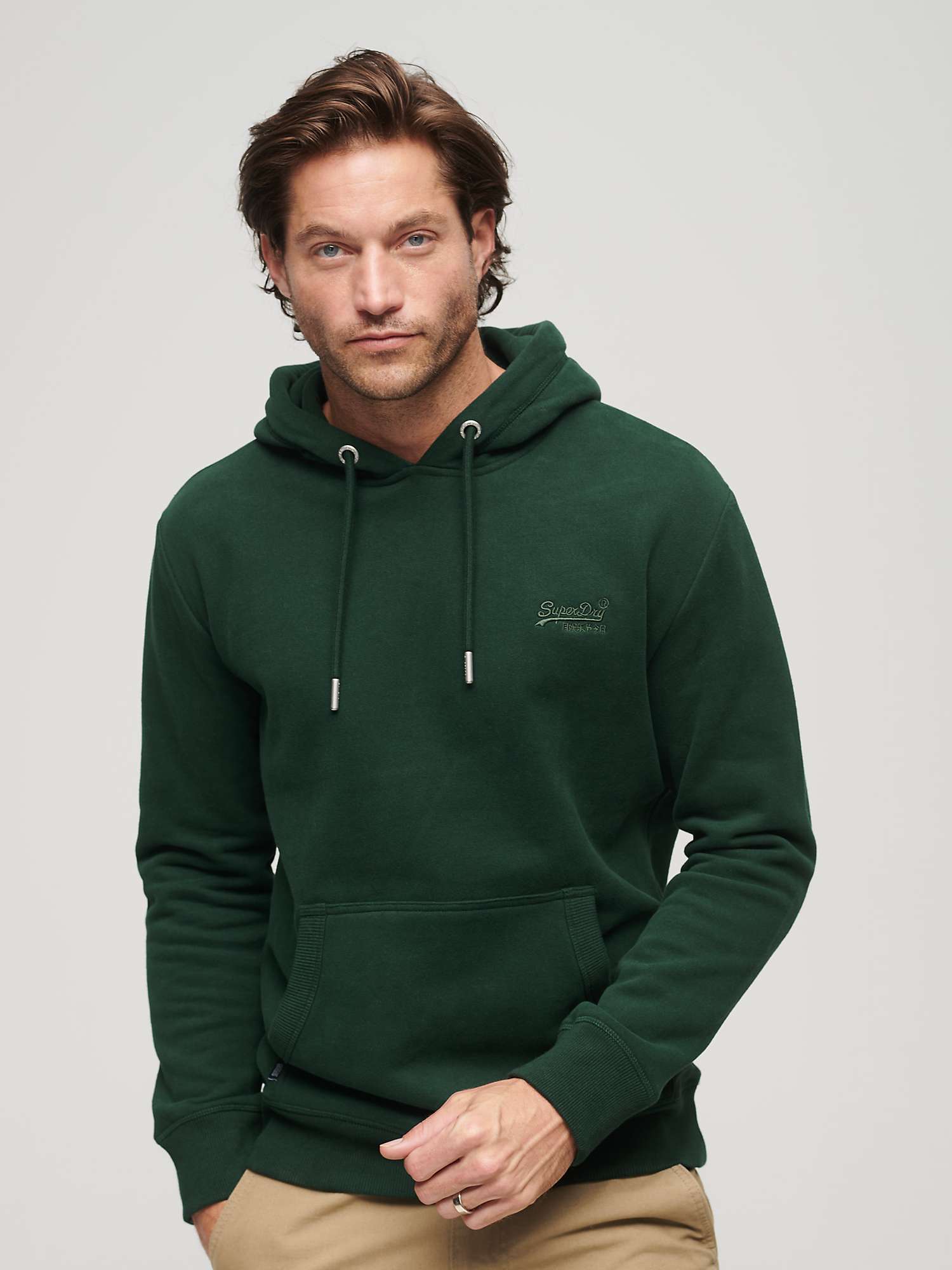 Superdry Essential Logo Hoodie, Forest Green at John Lewis & Partners
