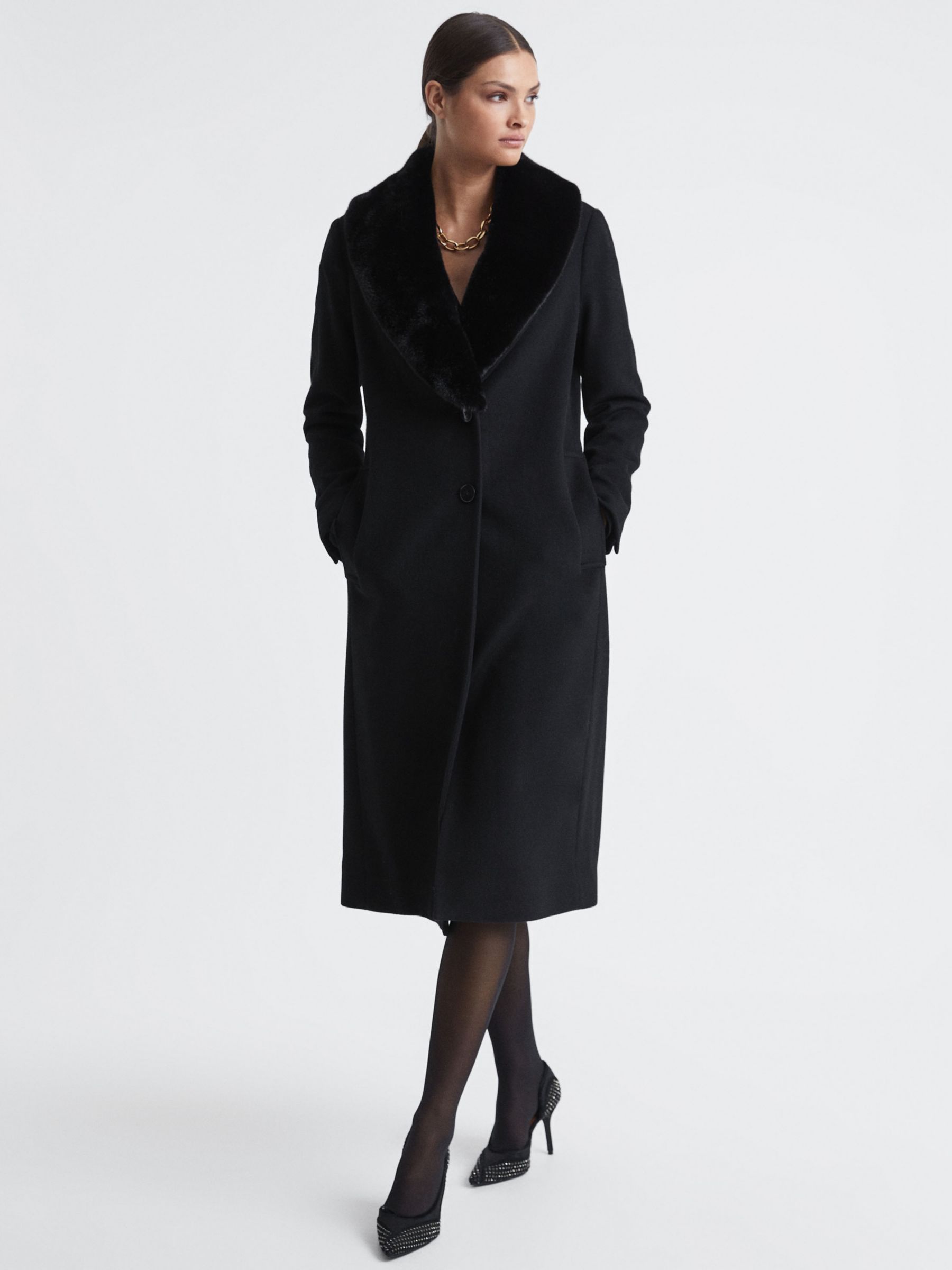Reiss Laurie Wool Blend Faux Fur Collar Coat, Black at John Lewis ...