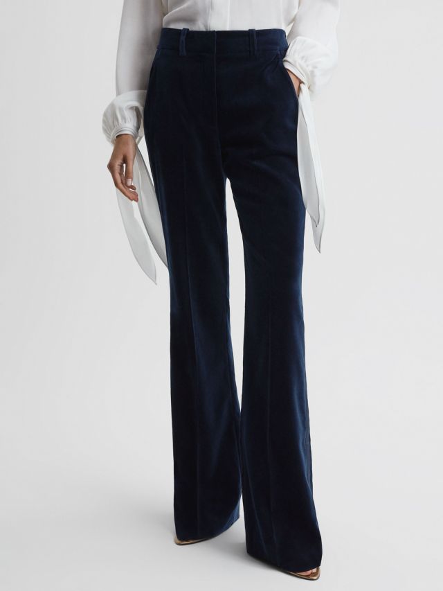 Reiss Bree Velvet Flare Trousers, Navy, 6R