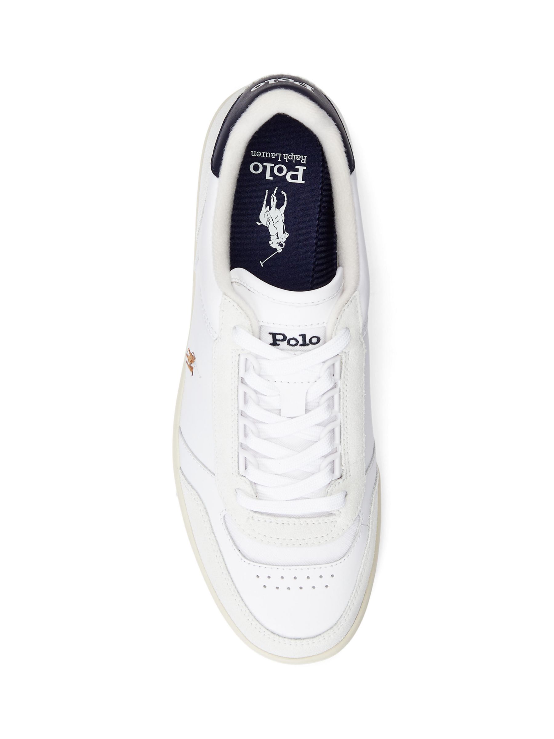 Ralph Lauren Polo Leather Suede Court Trainers, White/Navy, 7