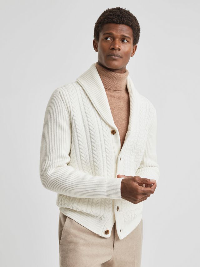 Reiss Ashbury Long Sleeve Cable Knitted Cardigan Ecru XS