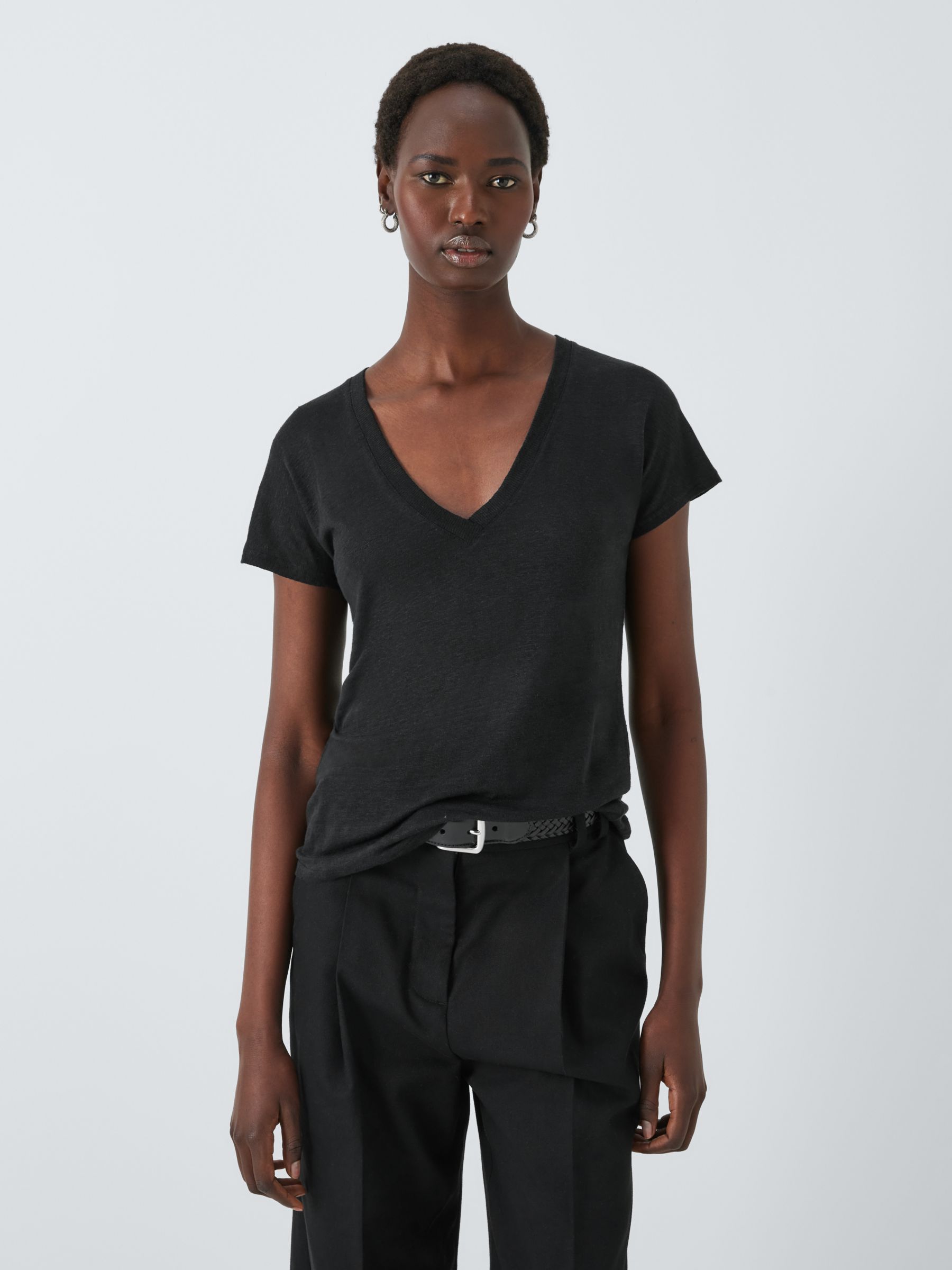 John Lewis Linen V-Neck T-Shirt, Black, 8