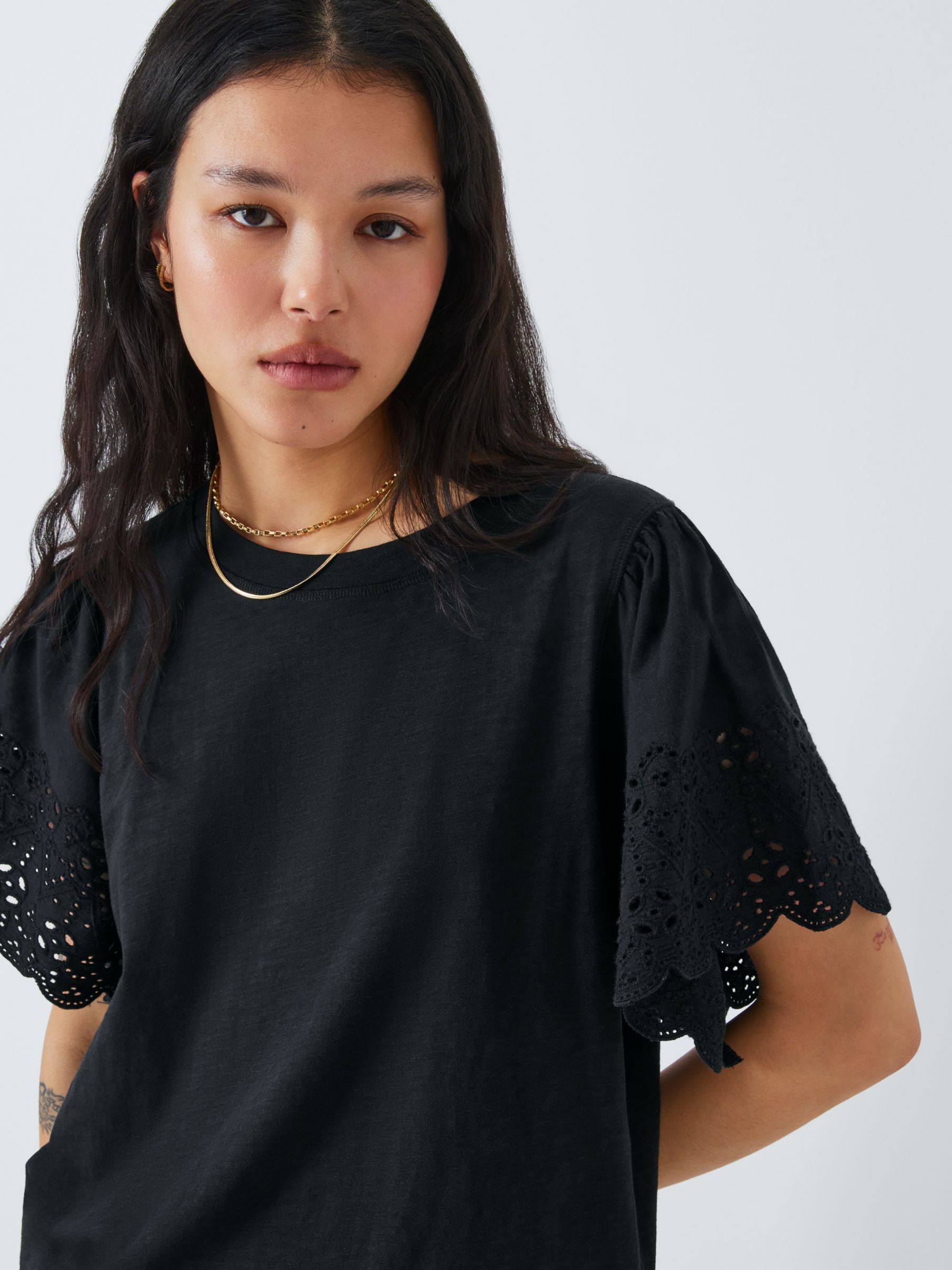 AND/OR Bobby Broderie Anglaise Sleeve T-Shirt, Black, 6