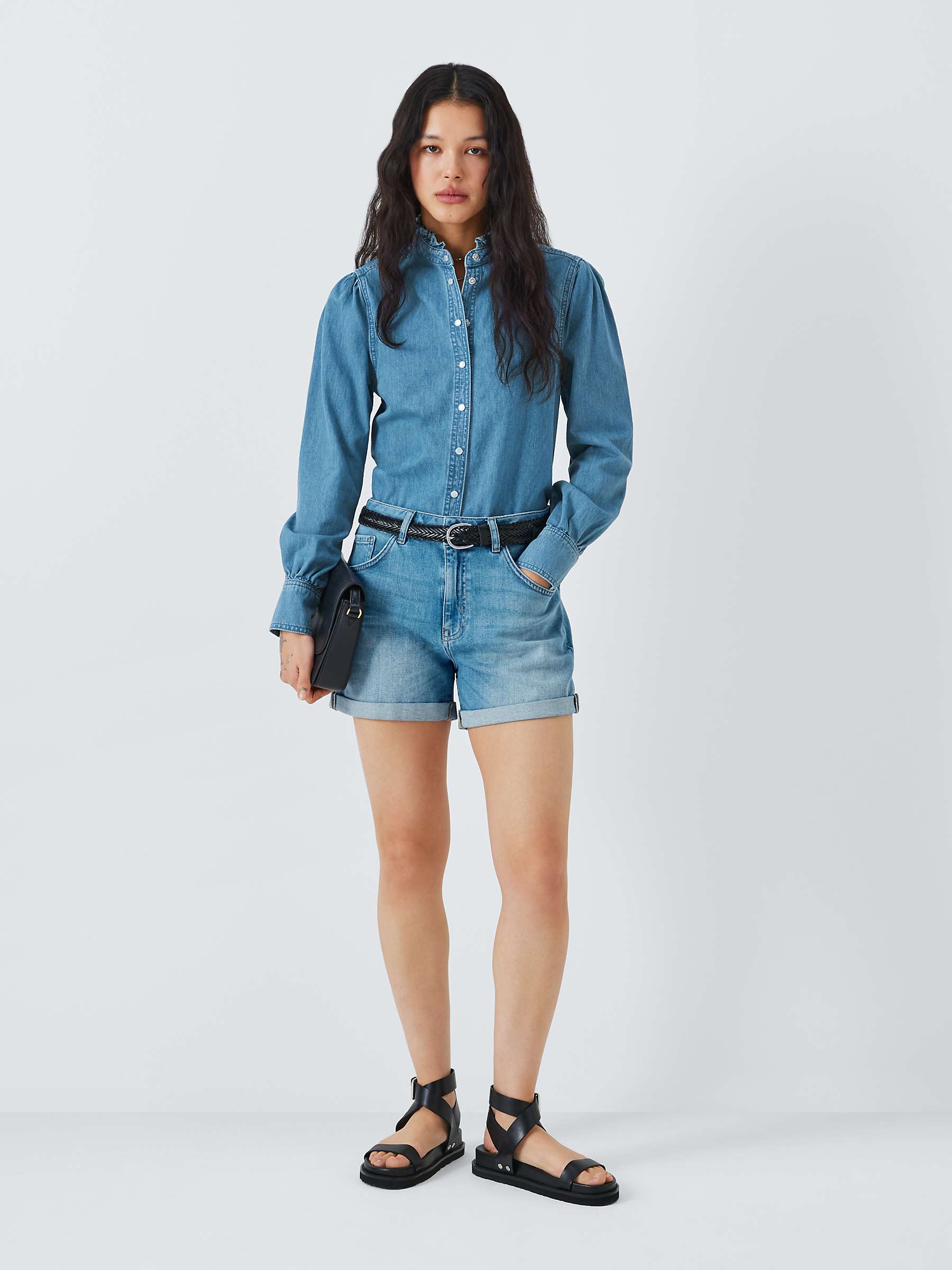 Buy AND/OR Dempsey Frill Neck Denim Shirt, Mid Blue Online at johnlewis.com
