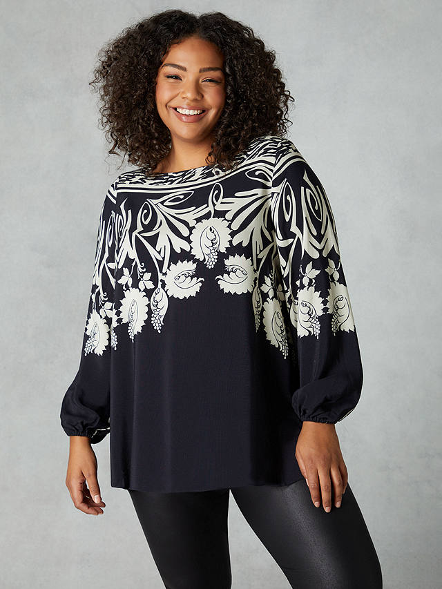Live Unlimited Curve Border Print Relaxed Blouse, Black/White