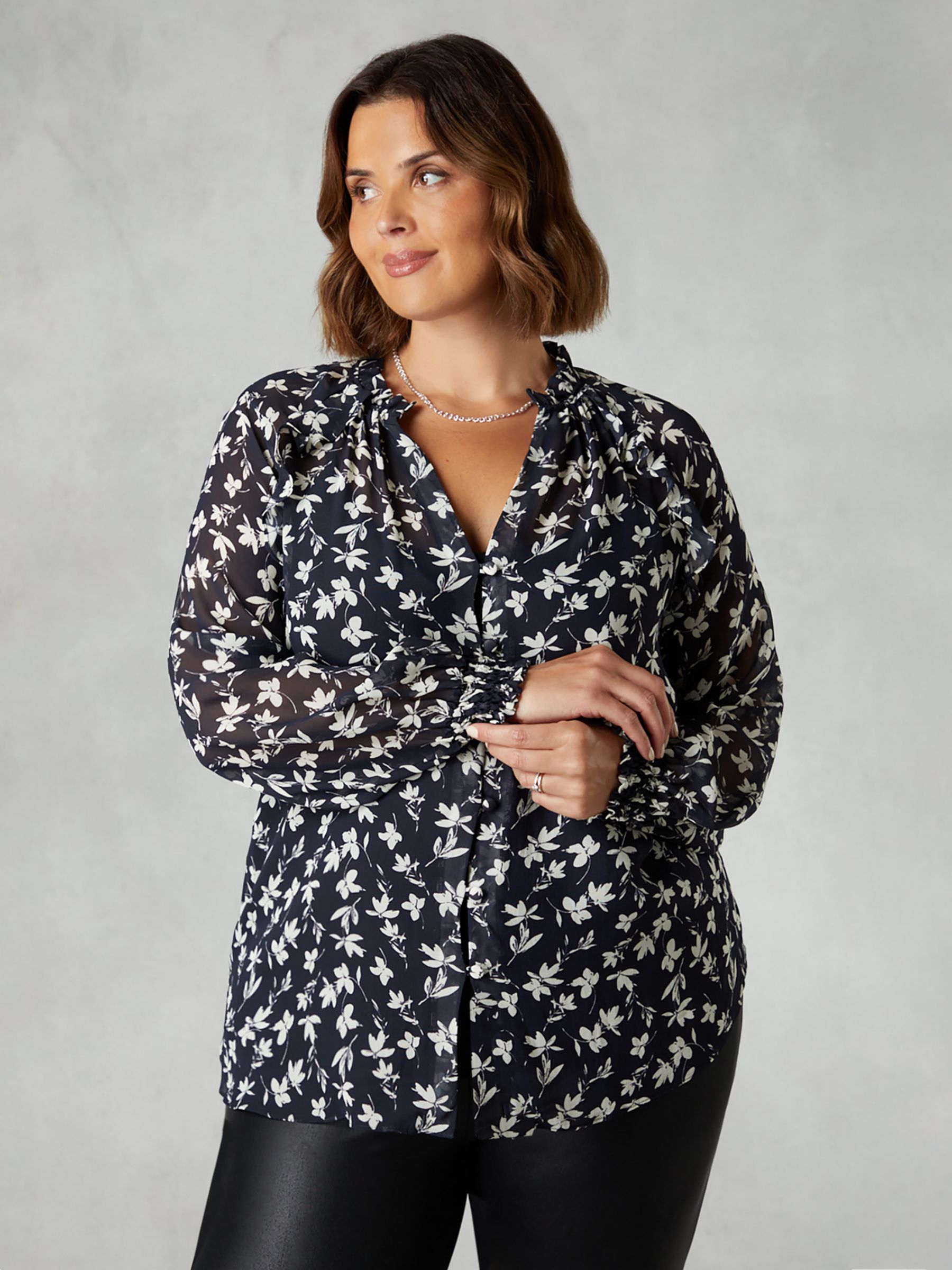 Buy Live Unlimited Curve Floral Print Ruffle Front Blouse, Black/White Online at johnlewis.com