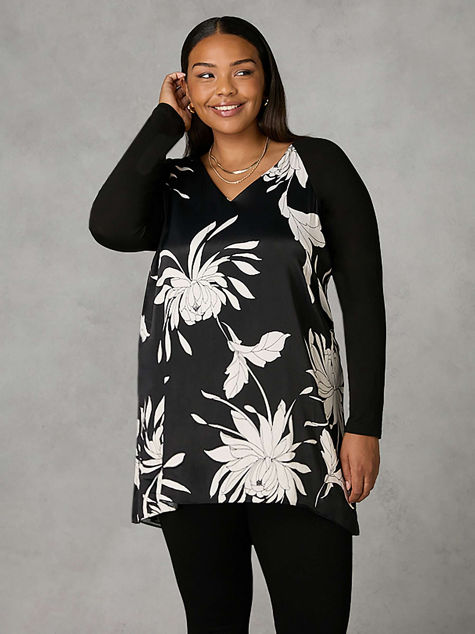 Buy Live Unlimited Curve Floral Print Satin Front High Low Tunic Top, Black/Stone Online at johnlewis.com