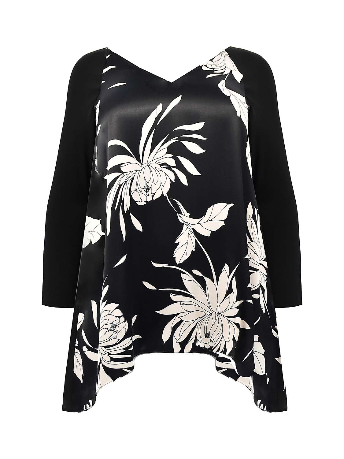 Buy Live Unlimited Curve Floral Print Satin Front High Low Tunic Top, Black/Stone Online at johnlewis.com