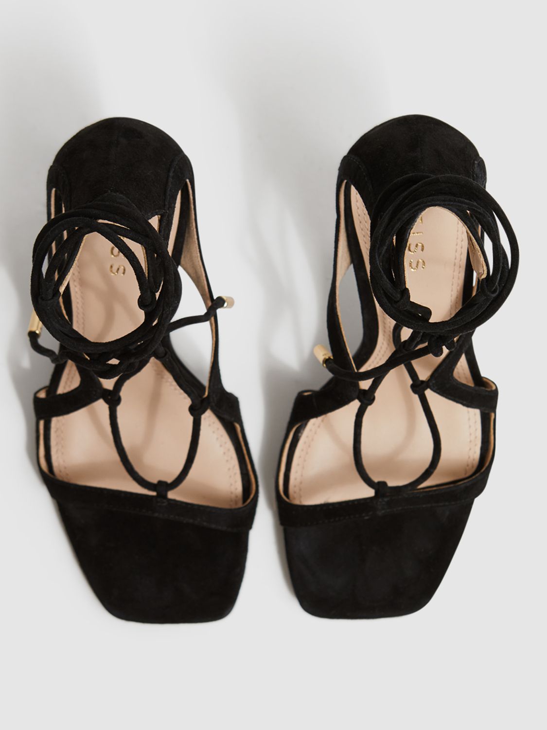 Reiss Kate Cross Strap High Heel Suede Sandals, Black, 3