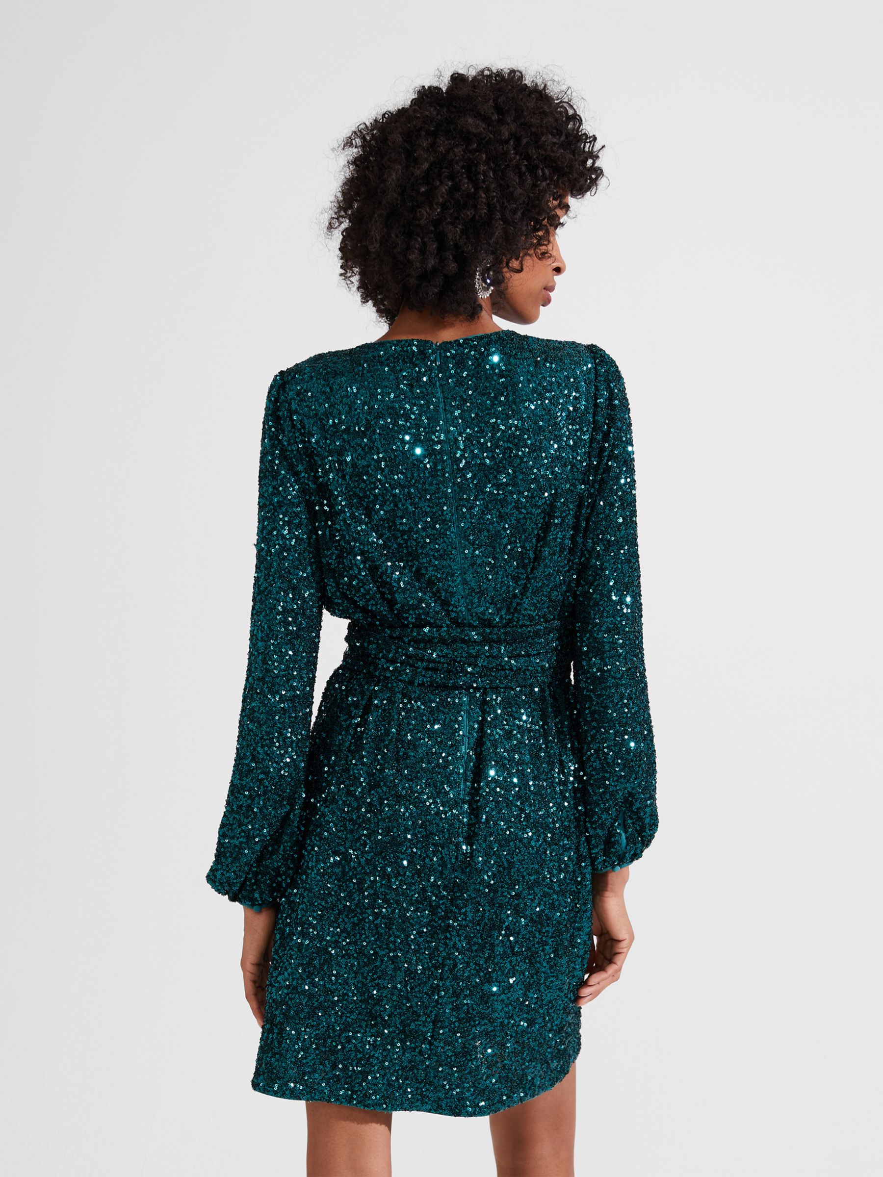 In Awe | Petite Bottle Green Sequin Wrap Long Sleeve Belted Mini Dress