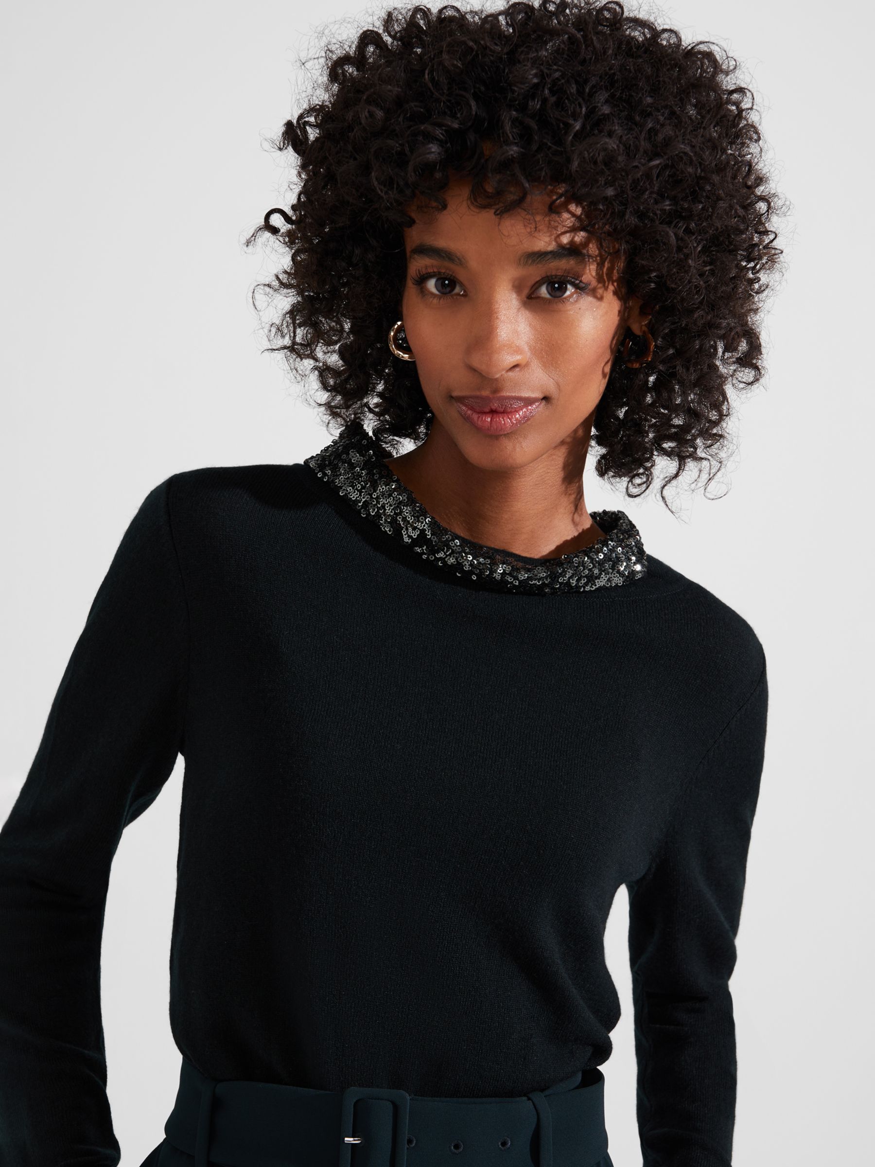 Buy Hobbs Esther Sequin Neck Wool Blend Jumper, Black Online at johnlewis.com