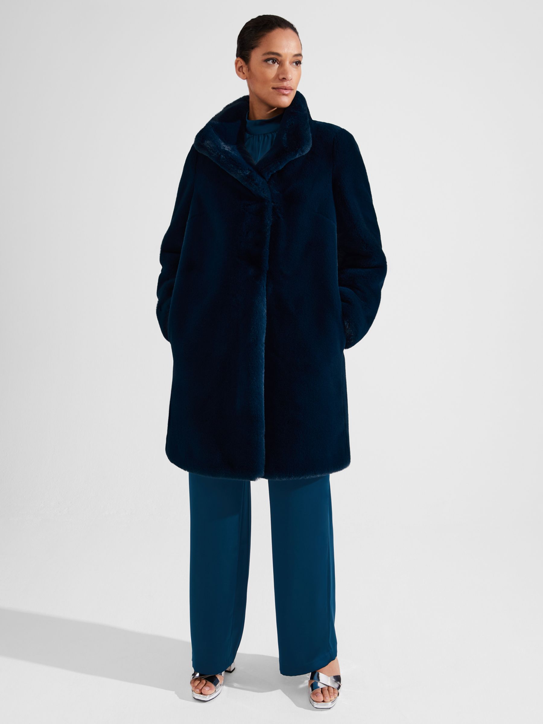 Hobbs Petite Maddox Faux Fur Coat, Steel Blue at John Lewis & Partners