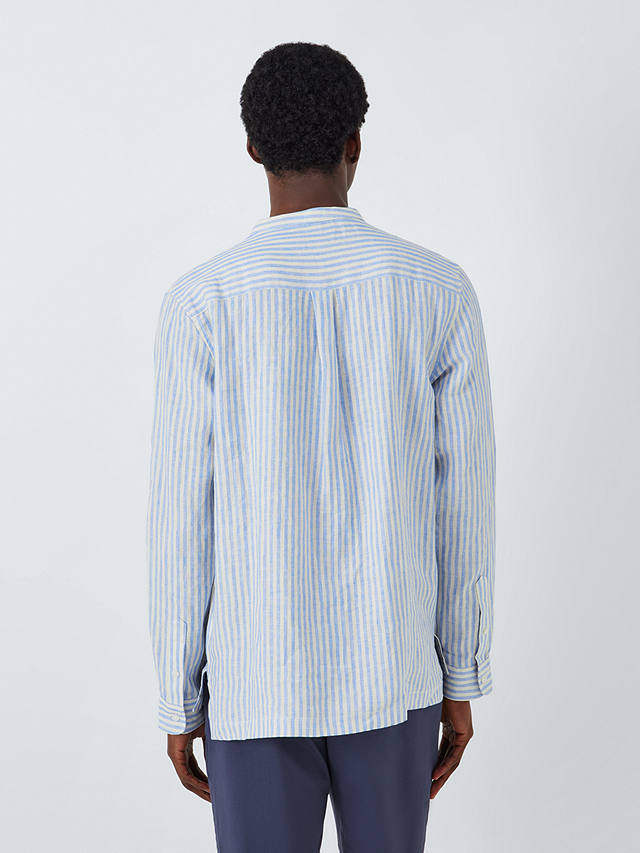John Lewis Linen Striped Grandad Collar Beach Shirt, Blue/White