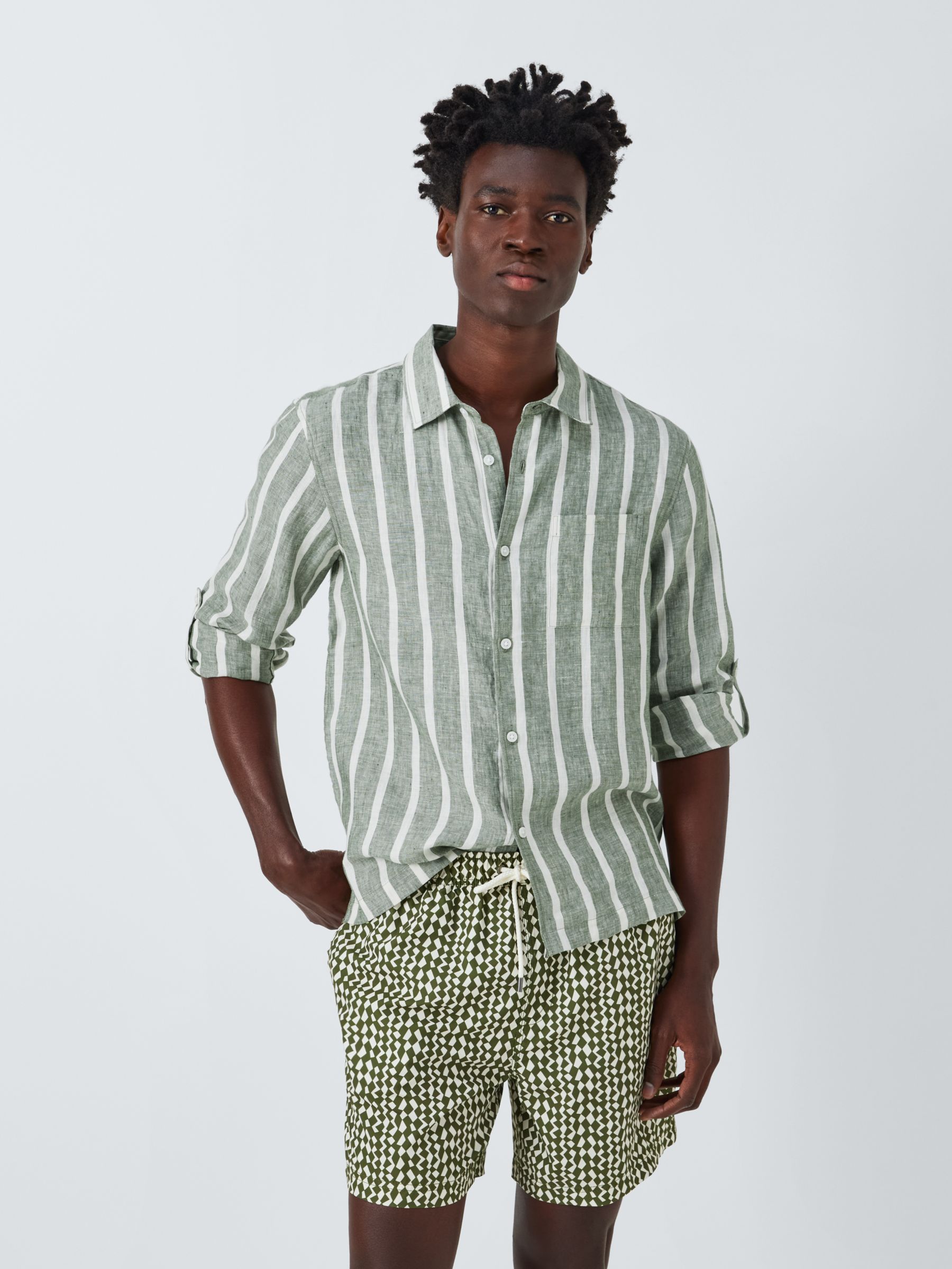 John Lewis Striped Linen Beach Shirt, Green/White, M