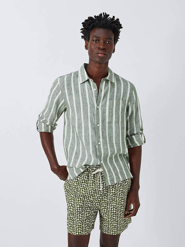 John Lewis Striped Linen Beach Shirt, Green/White