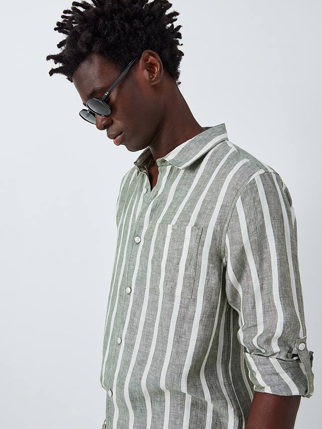 John Lewis Striped Linen Beach Shirt, Green/White