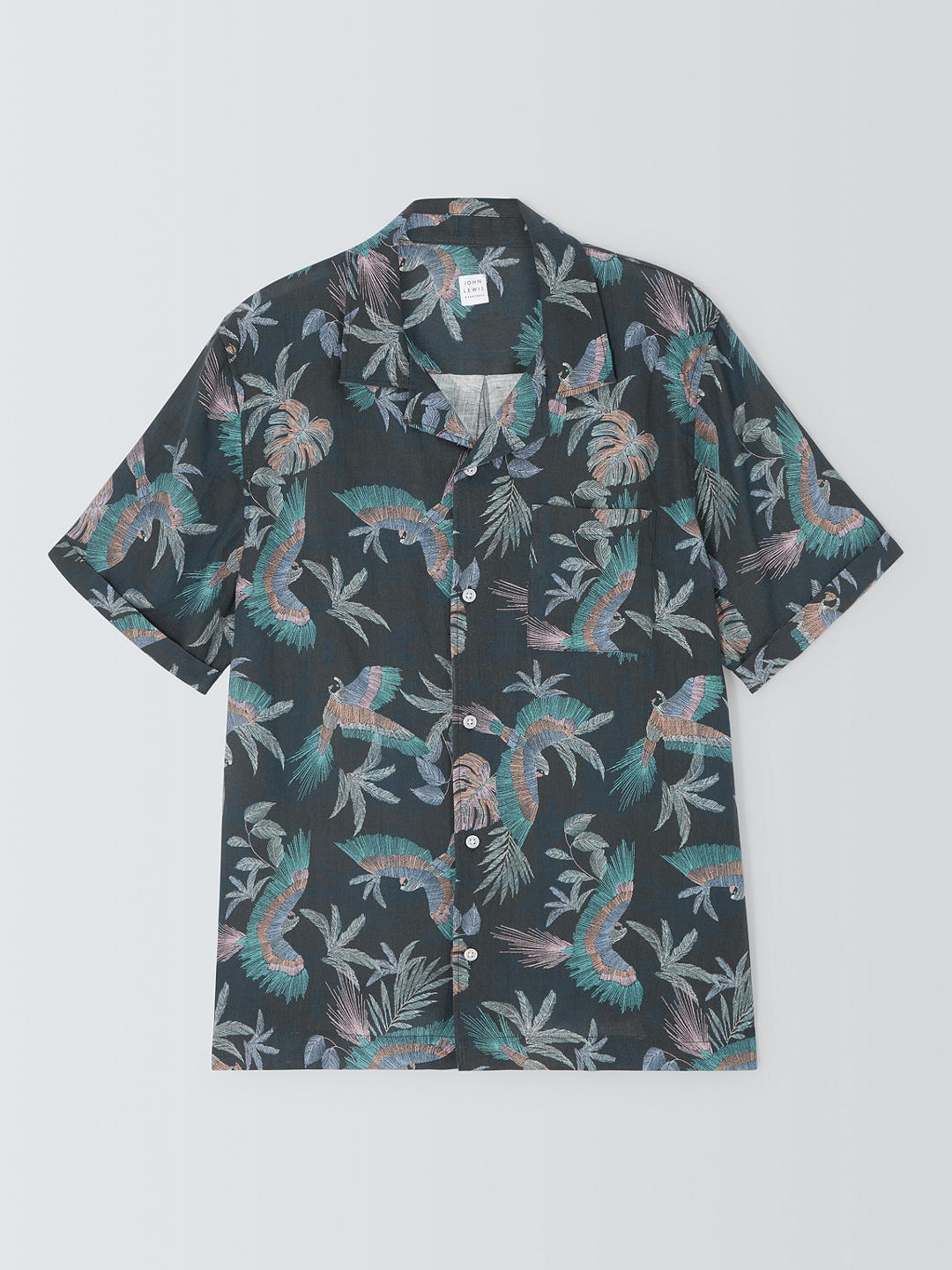 John Lewis Linen Bird Print Short Sleeve Beach Shirt, Multi