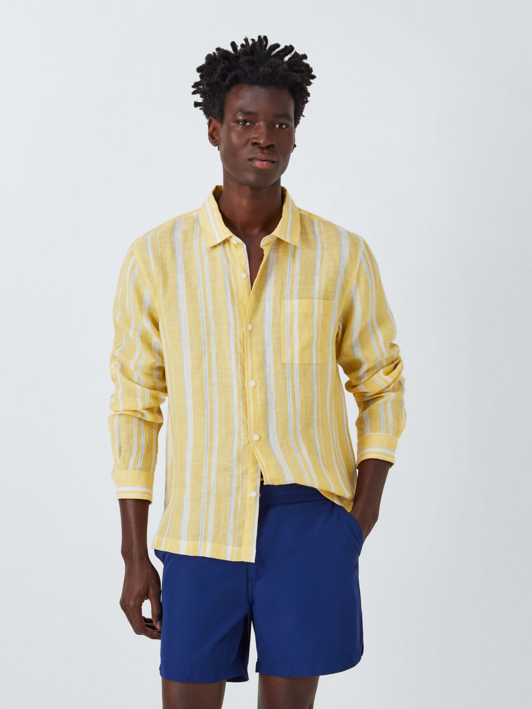 John Lewis Long Sleeve Multi Stripe Linen Beach Shirt, Multi Yellow, XL