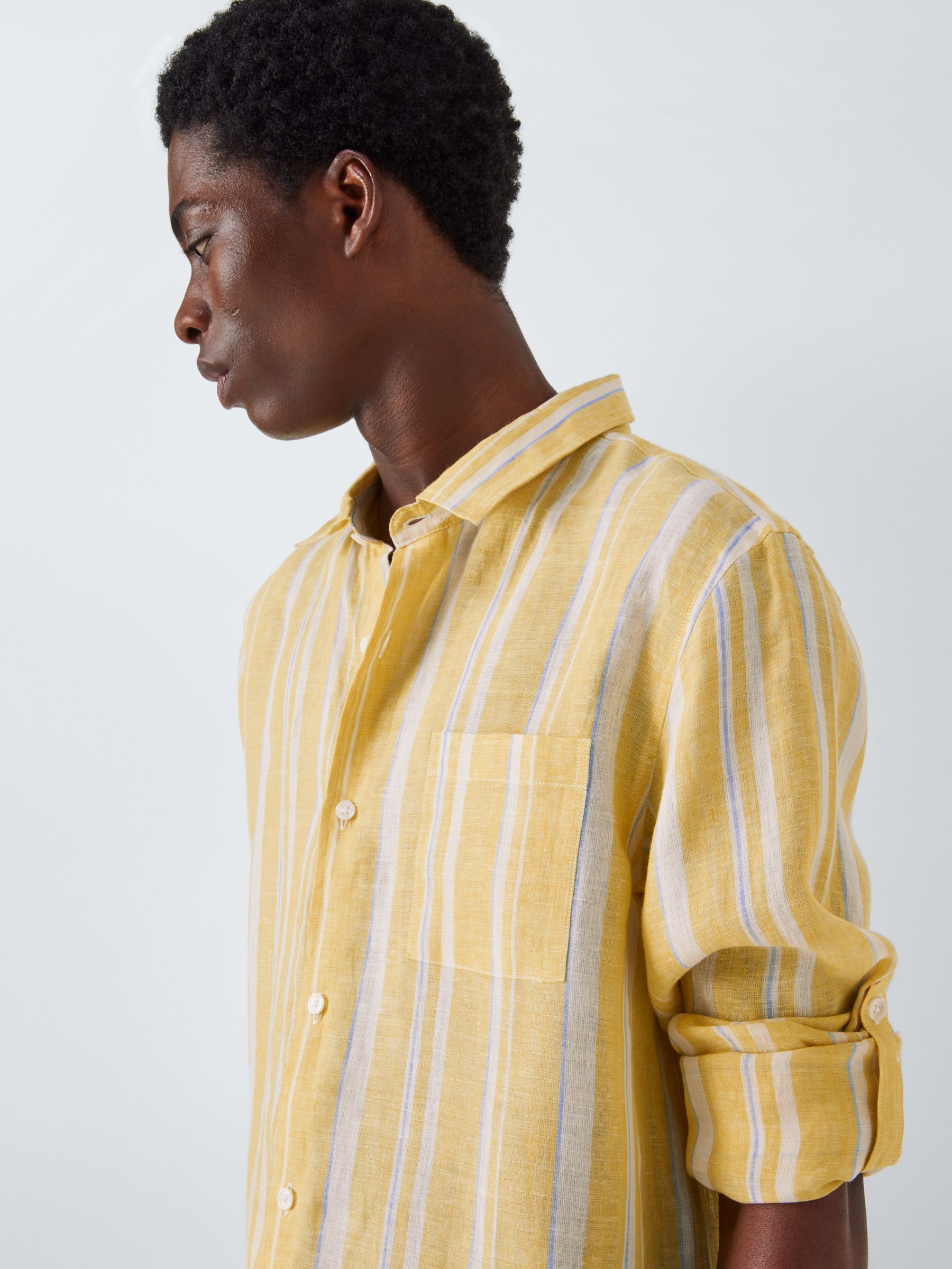John Lewis Long Sleeve Multi Stripe Linen Beach Shirt, Multi Yellow, XL