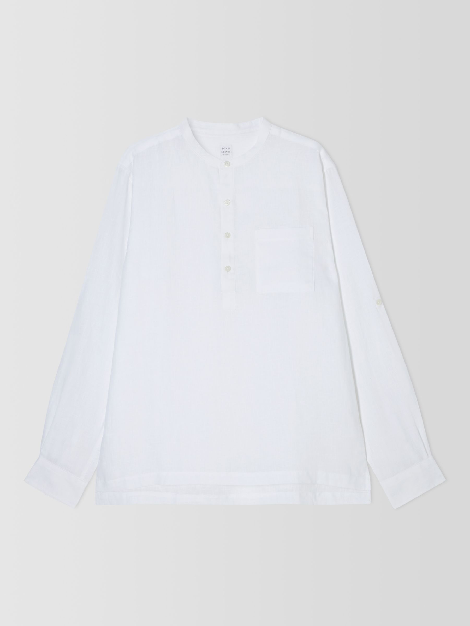 John Lewis Linen Plain Grandad Collar Shirt, White, S