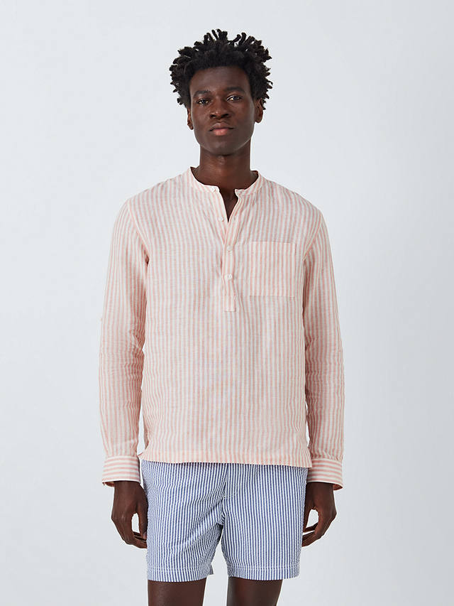 John Lewis Linen Striped Grandad Collar Beach Shirt, Pink/White