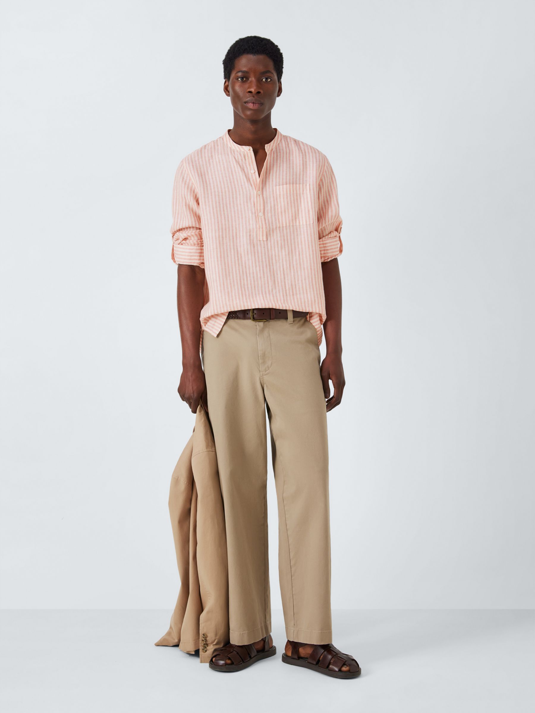 John Lewis Linen Striped Grandad Collar Beach Shirt, Pink/White, S