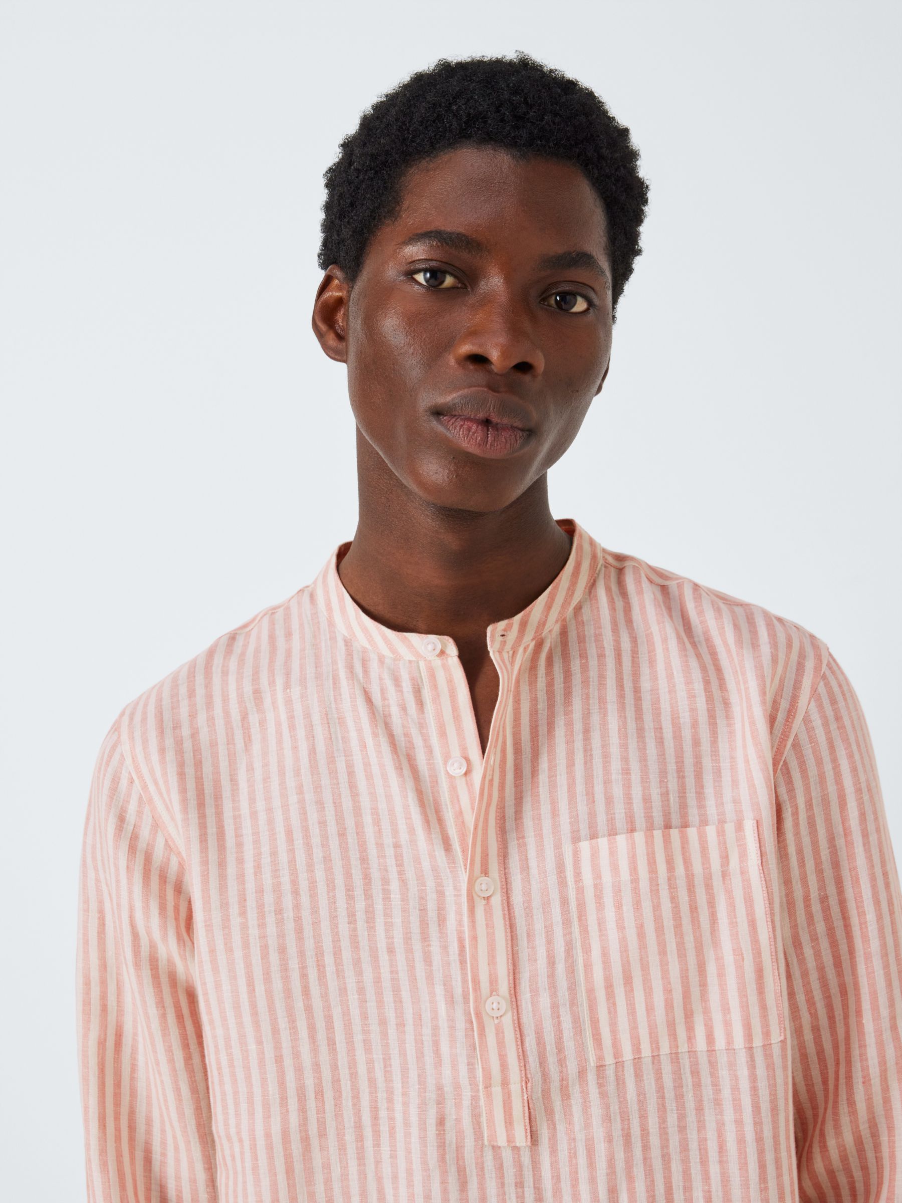 John Lewis Linen Striped Grandad Collar Beach Shirt, Pink/White, S