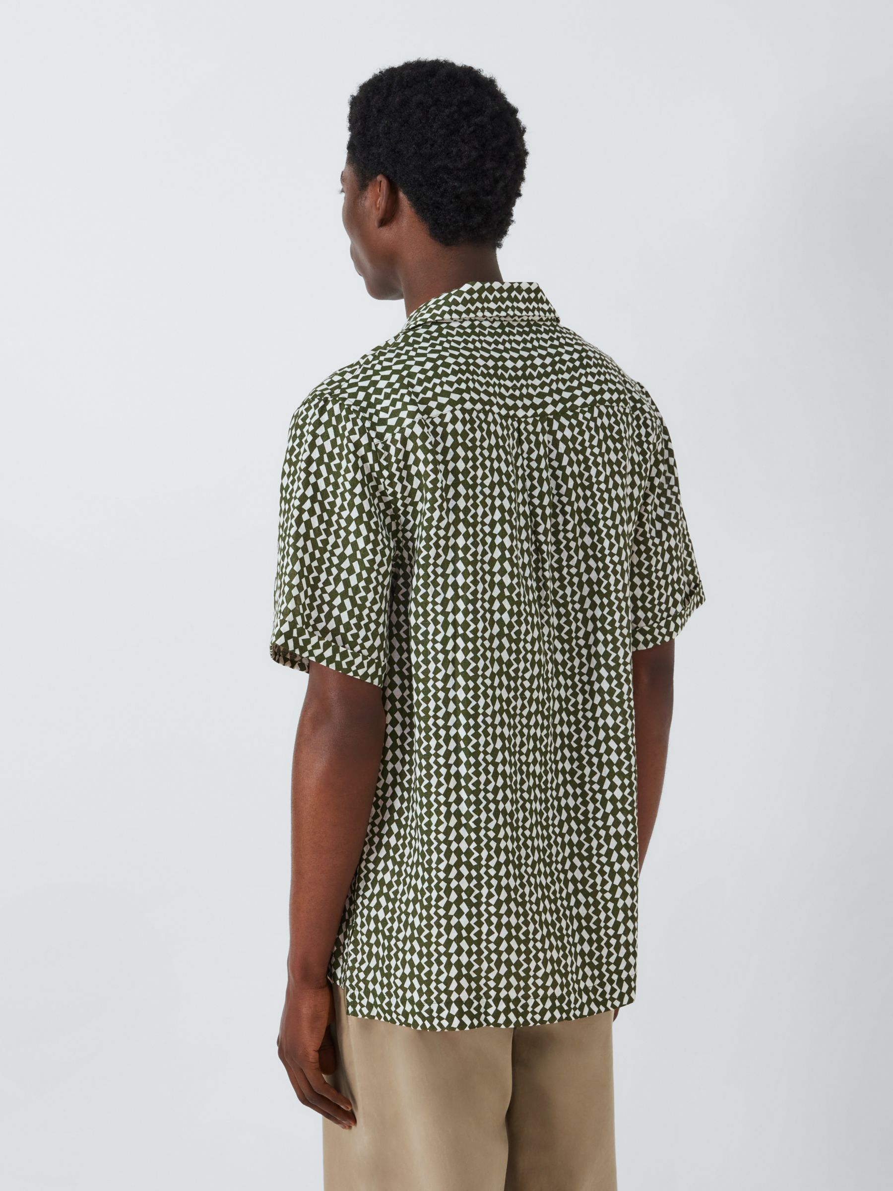 John Lewis Geo Print Short Sleeve Linen Beach Shirt, Green/White, M
