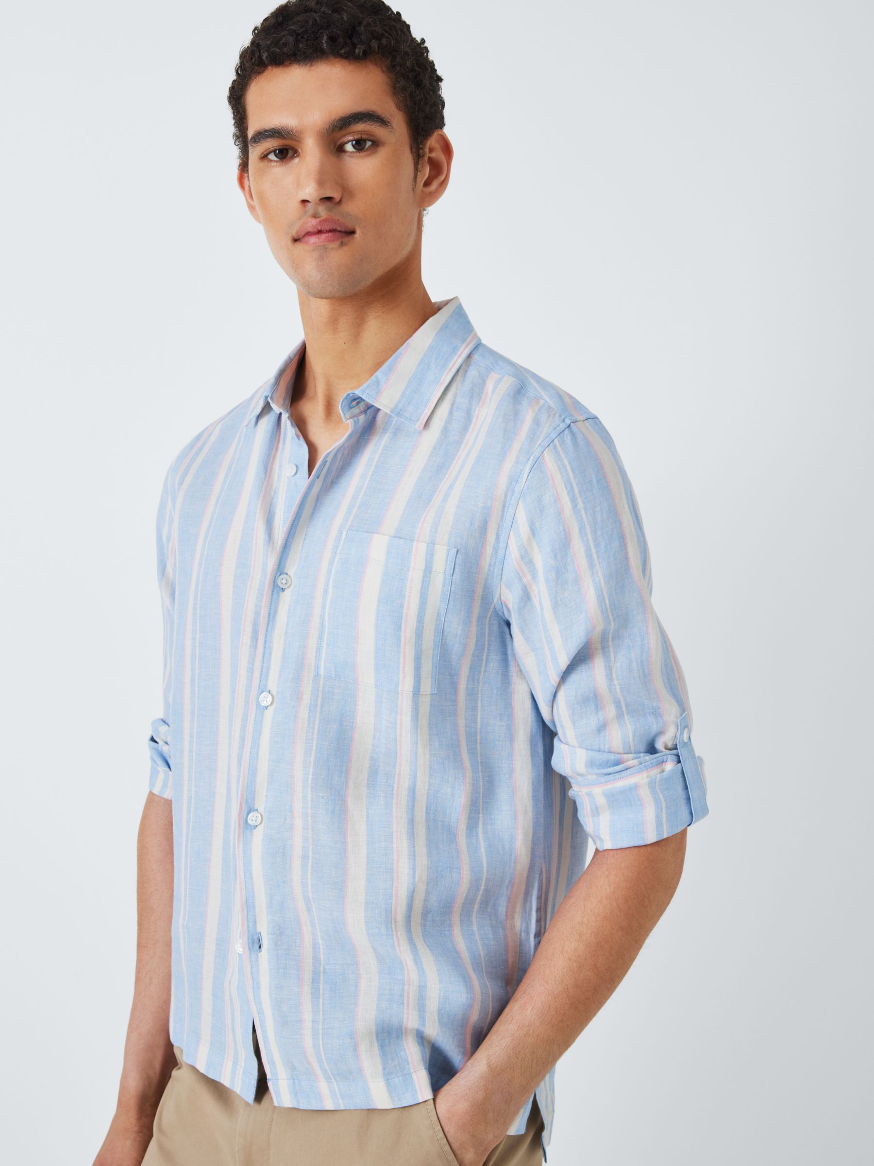John Lewis Linen Stripe Long Sleeve Beach Shirt, Blue/Multi, S