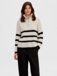 SELECTED FEMME Stripe Wool Blend Zip Neck Jumper, Birch