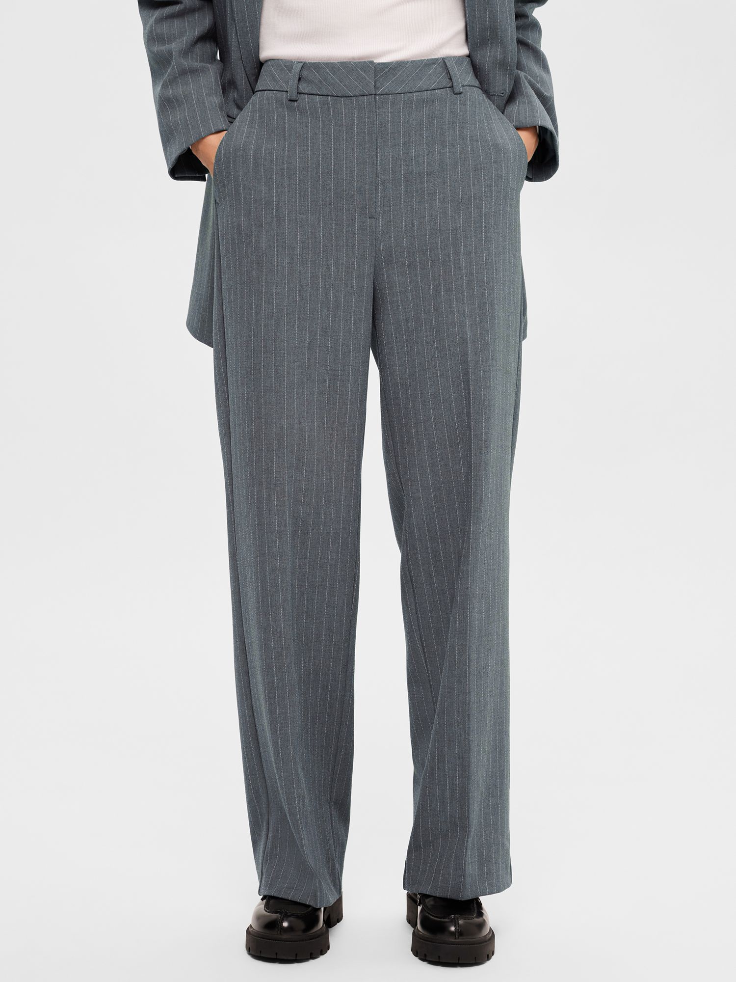 SELECTED FEMME Pinstripe Trousers, Grey Melange at John Lewis & Partners