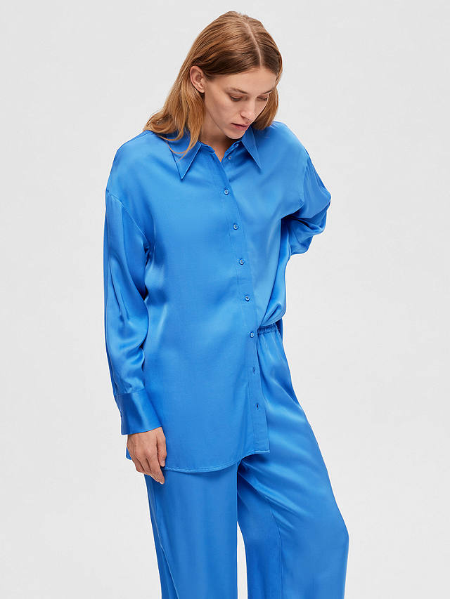 SELECTED FEMME Long Sleeve Satin Shirt, Nebulas Blue