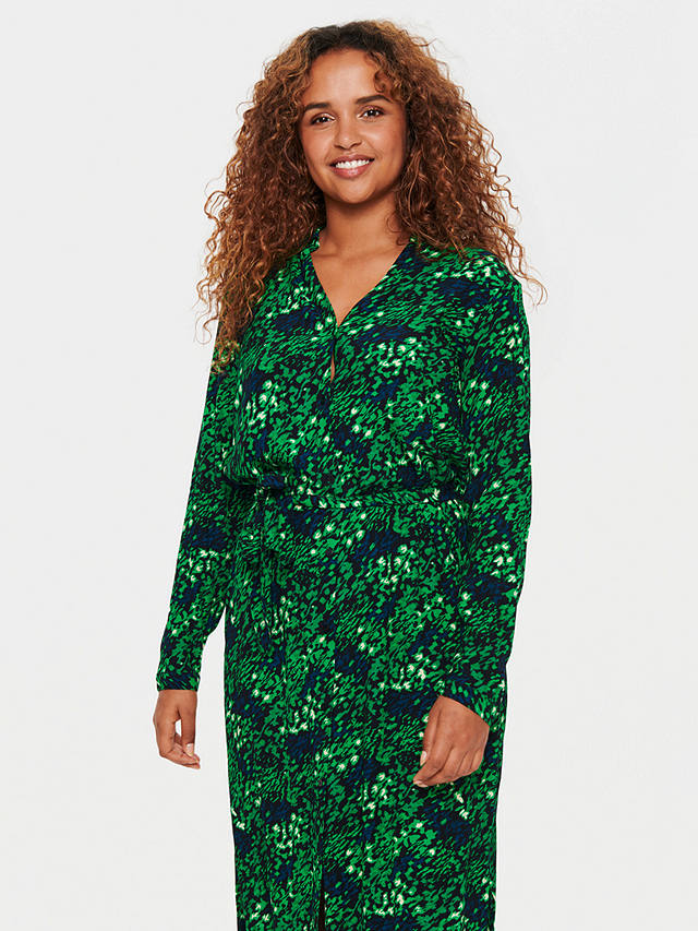 Saint Tropez Blanca Abstract Print Long Sleeve Midi Shirt Dress, Verdant Green Brushed