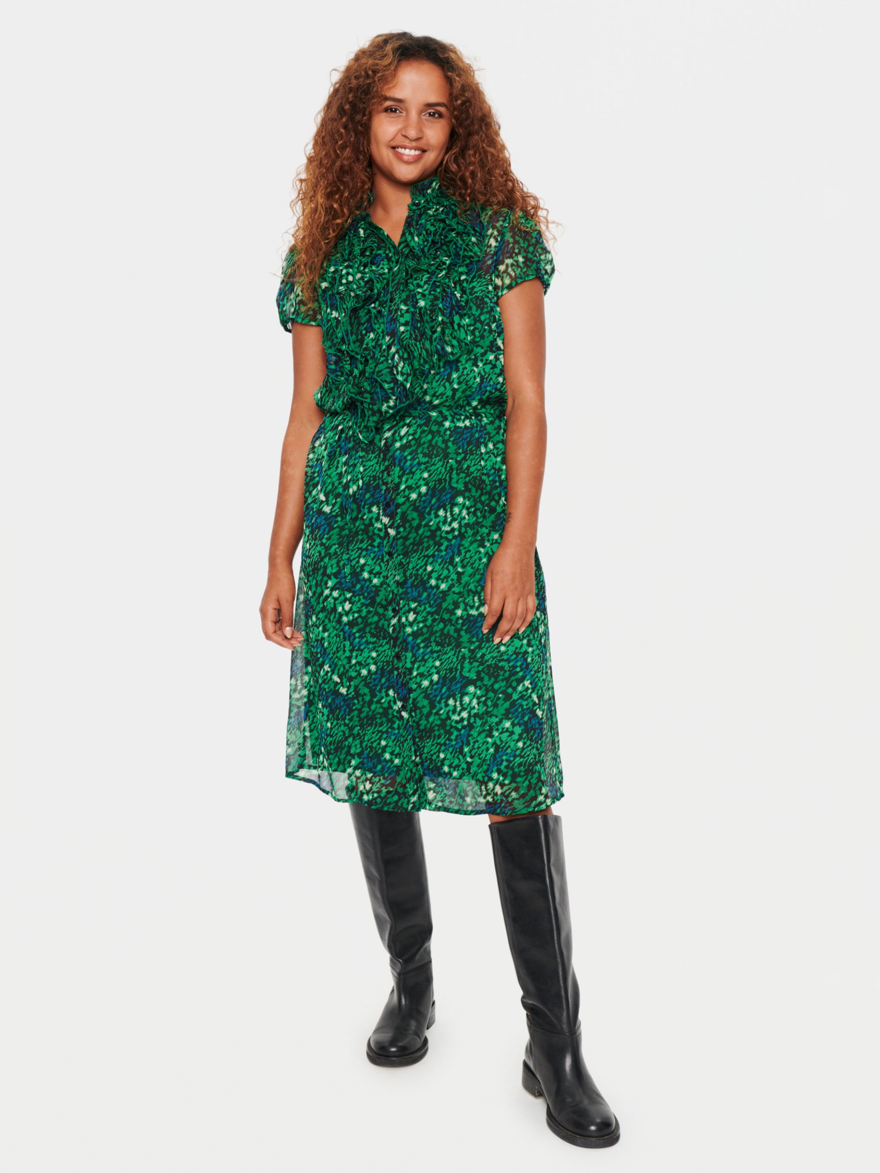 Saint Tropez Lilja Short Sleeve Ruffle Dress, Green, S