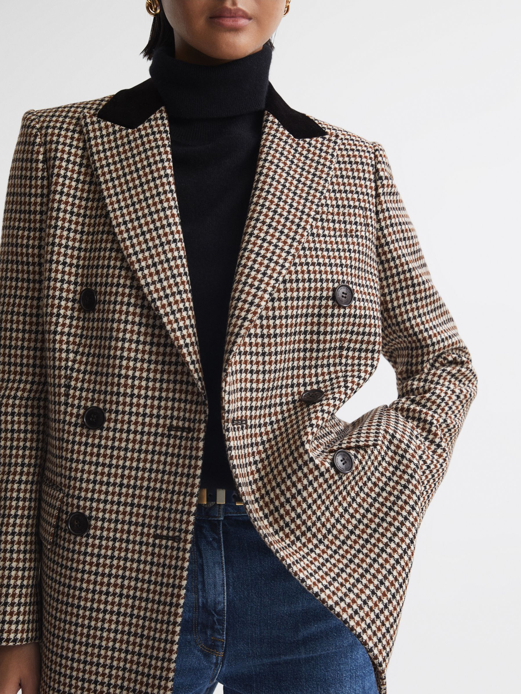 Reiss Cici Double Breasted Houndstooth Wool Blazer, Brown/Multi at John ...
