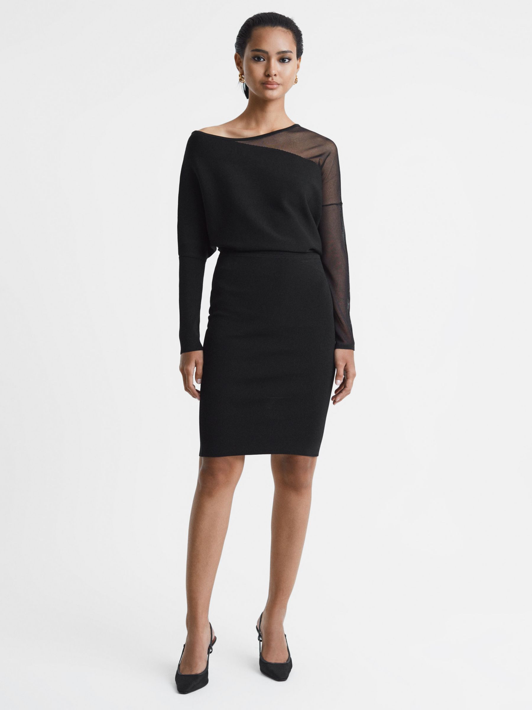 Buy Reiss Deanna Bodycon Knitted Sheer Sleeve Dress, Black Online at johnlewis.com