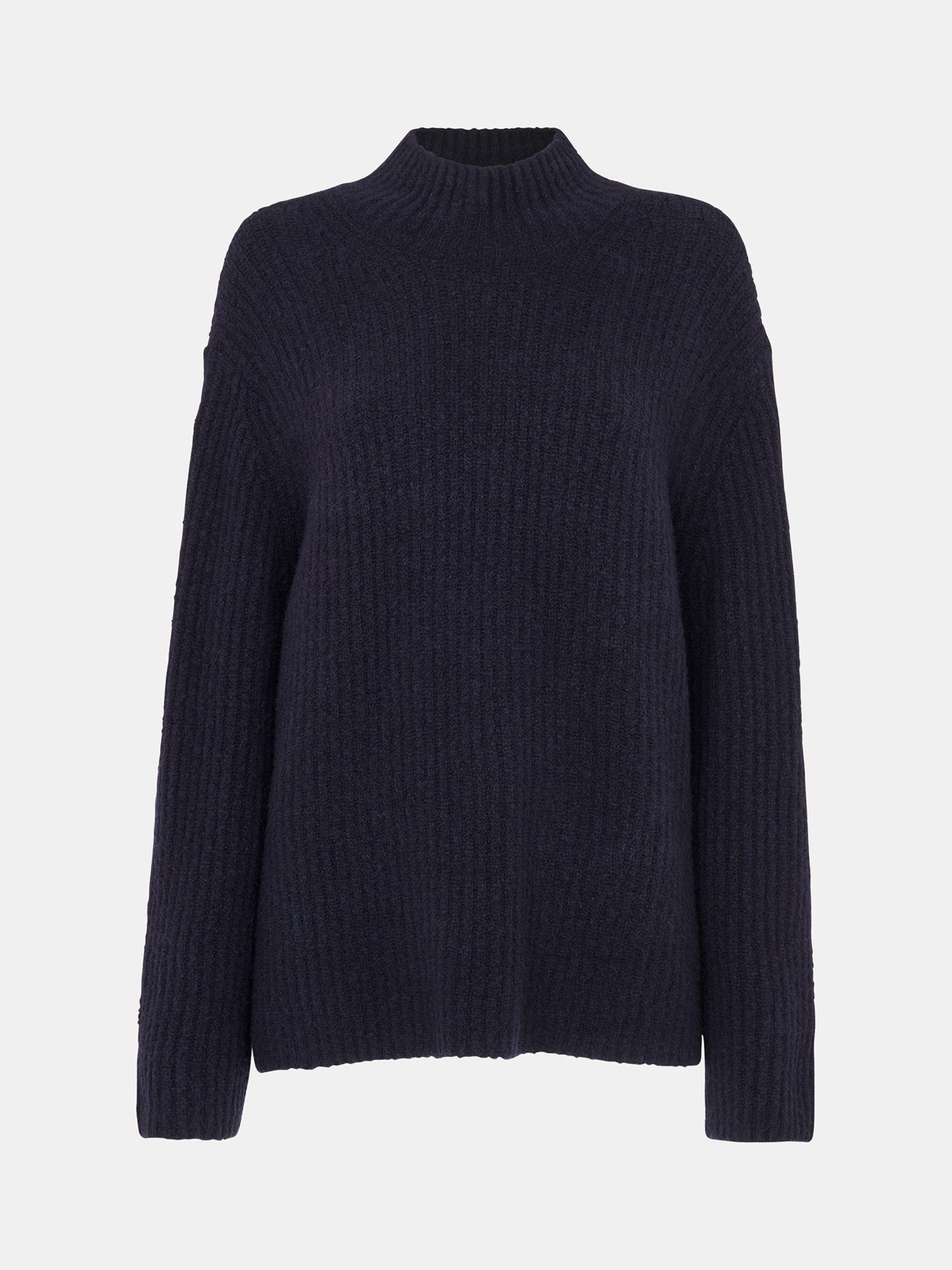 Whistles Wool Blend Rib Knit Funnel Neck Jumper, Navy, XS