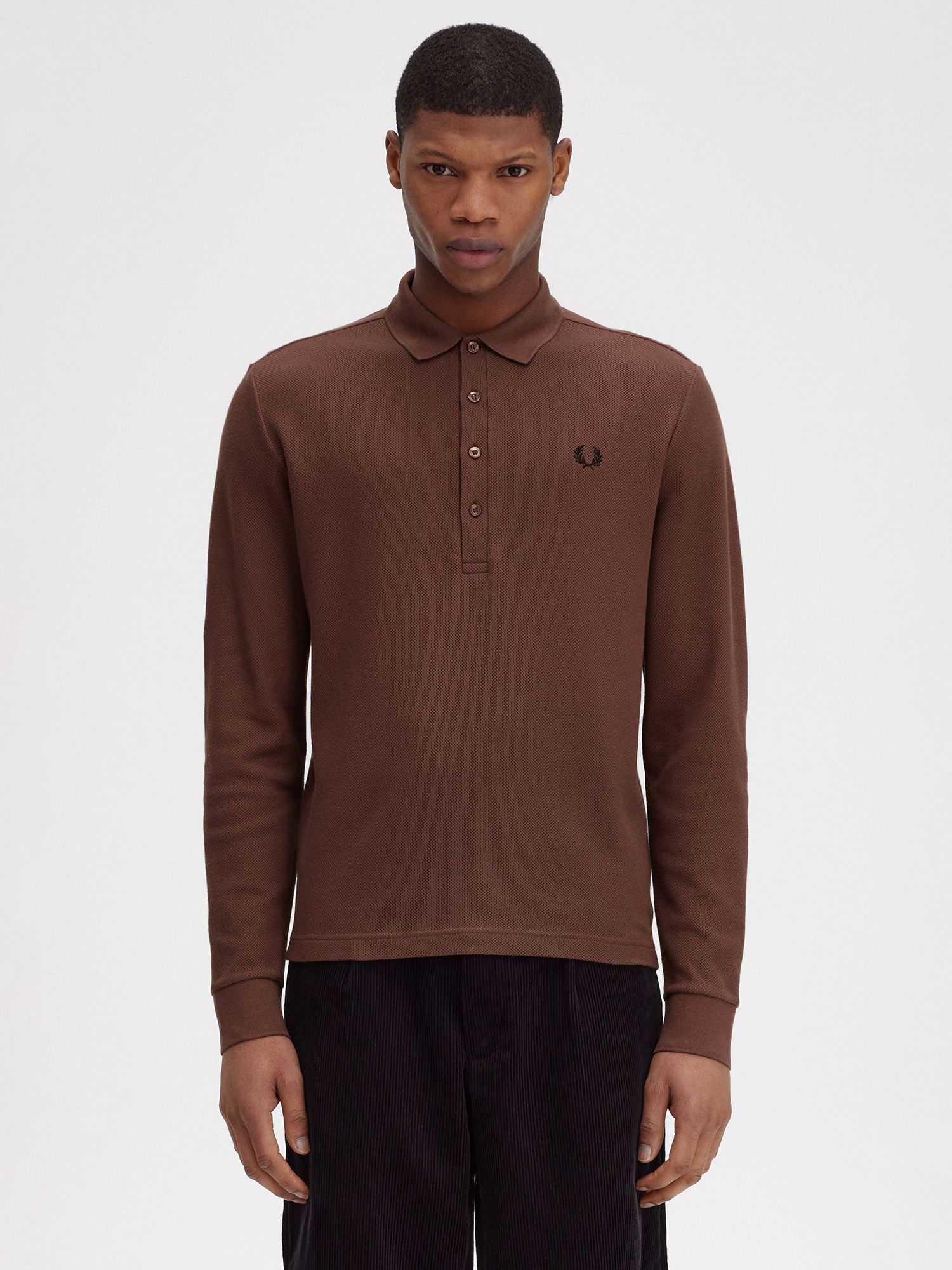 Fred Perry Long Sleeve Cotton Polo Shirt, Whiskey Brown, XL