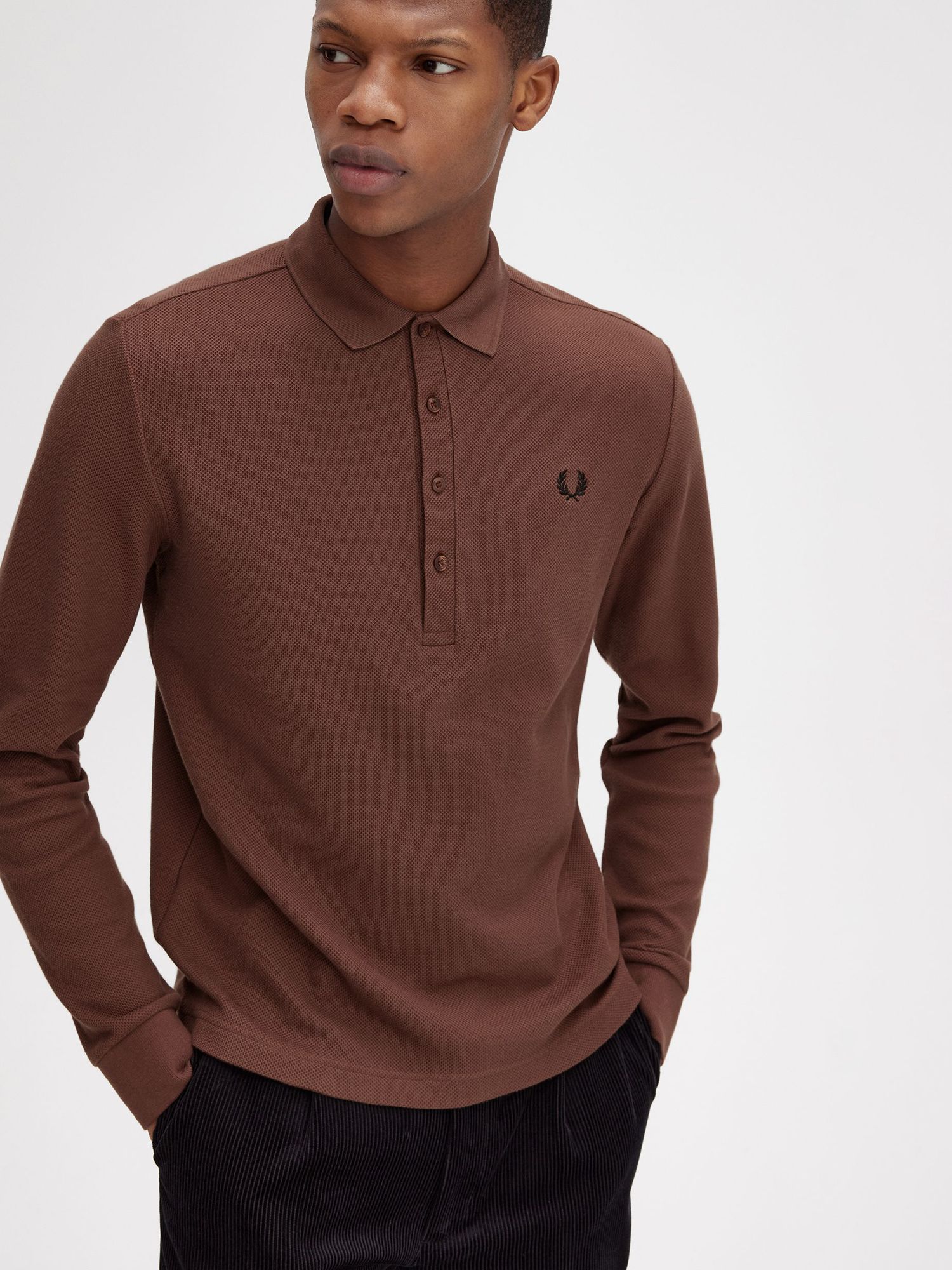 Fred Perry Long Sleeve Cotton Polo Shirt, Whiskey Brown, XL