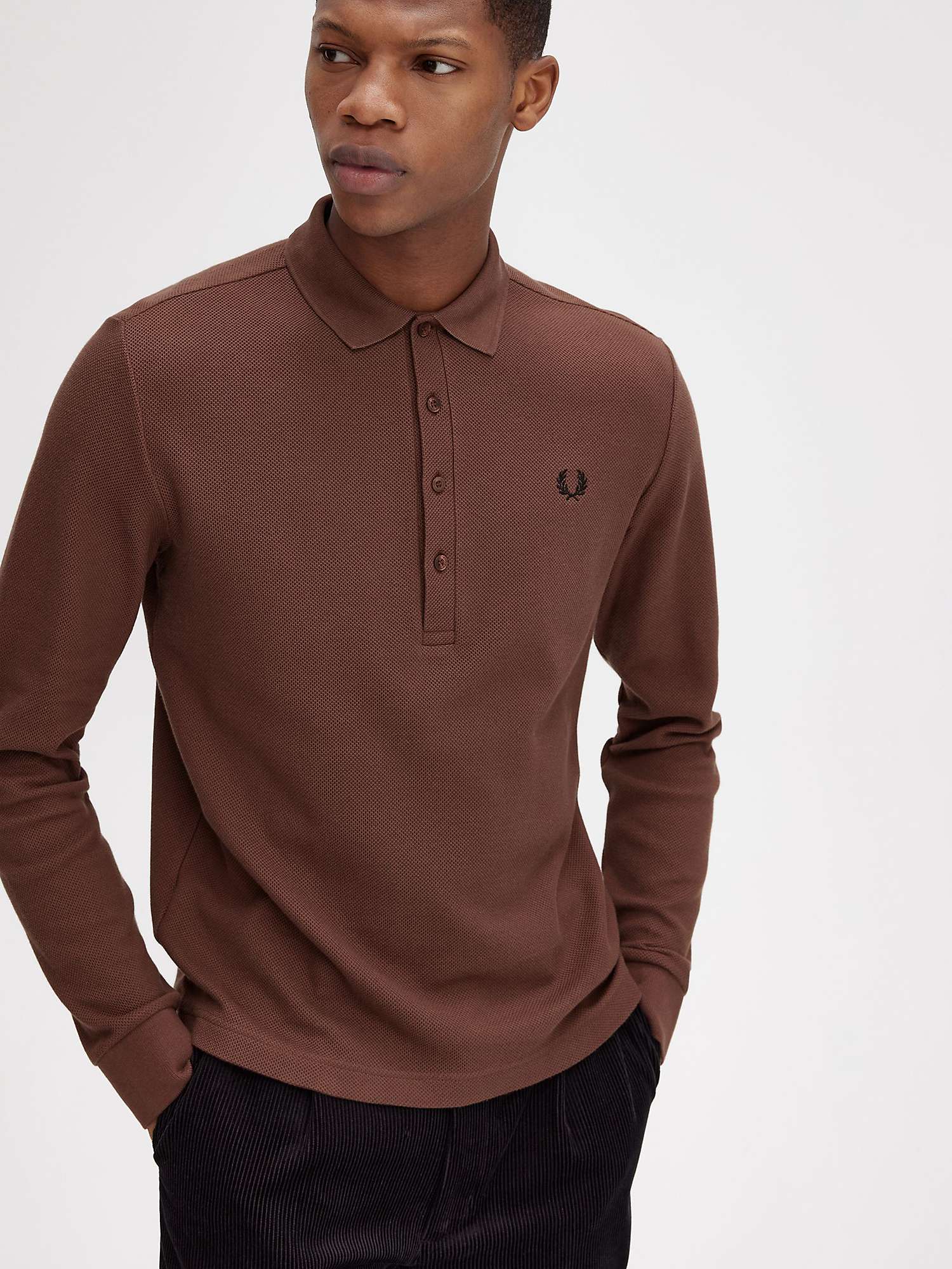 Buy Fred Perry Long Sleeve Cotton Polo Shirt, Whiskey Brown Online at johnlewis.com