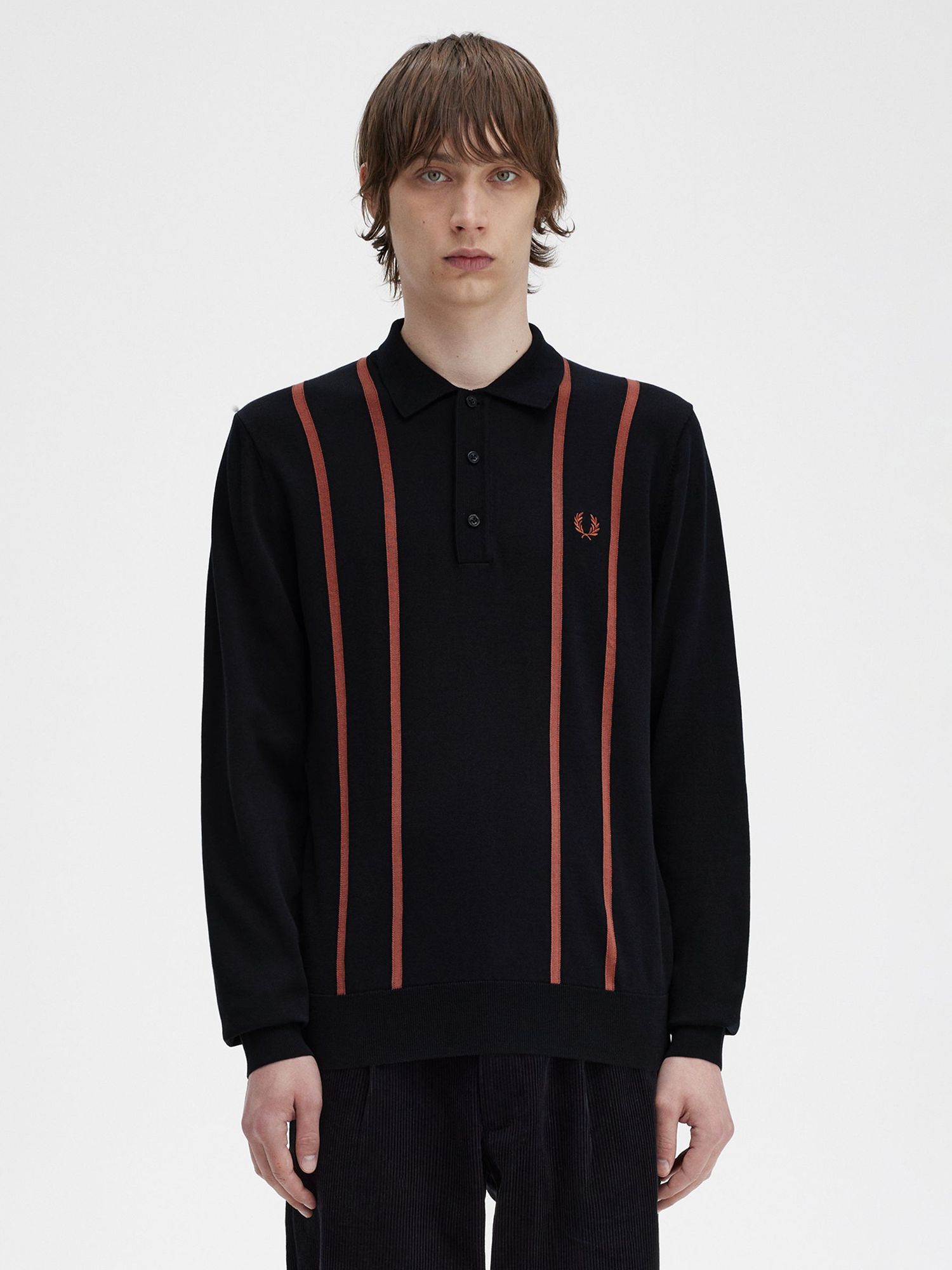 Fred Perry Textured Knit Long Sleeve Polo Shirt, Black/Red at John ...