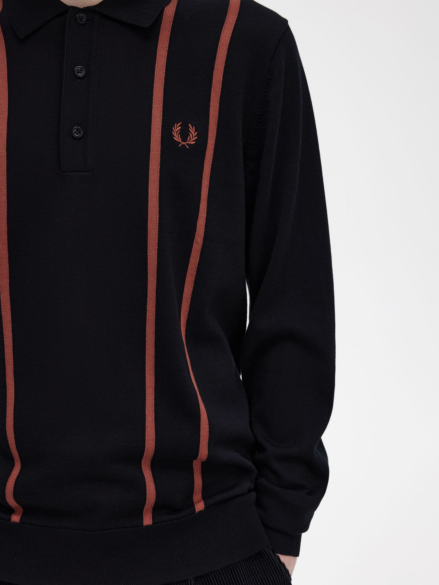 Fred Perry Textured Knit Long Sleeve Polo Shirt, Black/Red, XL
